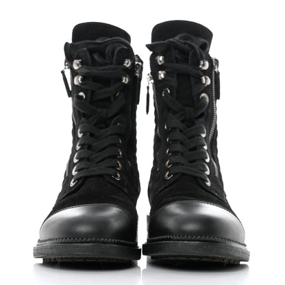 Chanel Suede Quilted CC Lace Up Combat Boots 38.5 Black 2 of 8