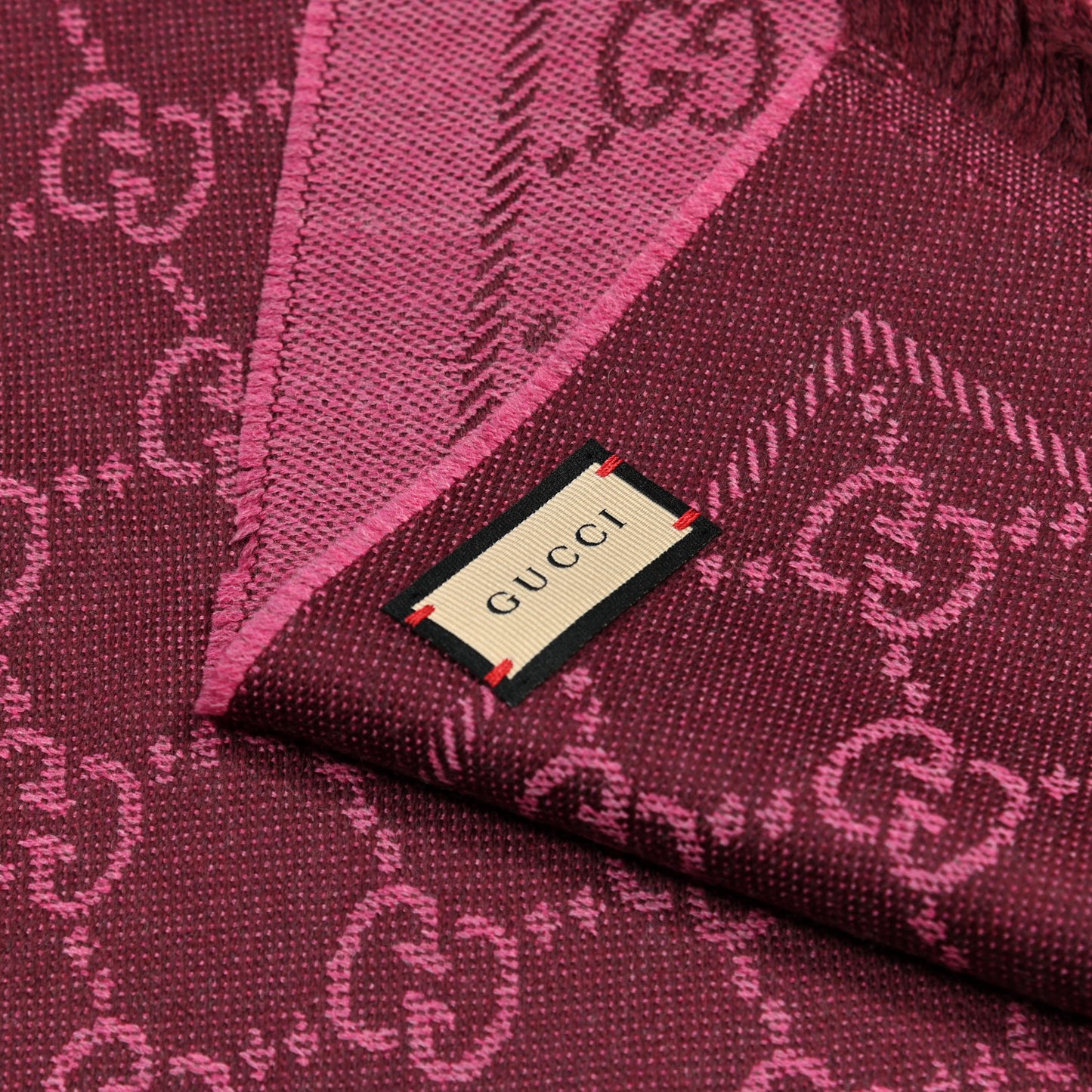 Wool Jacquard GG Monogram Sten Fringe Scarf Magenta Bordeaux
