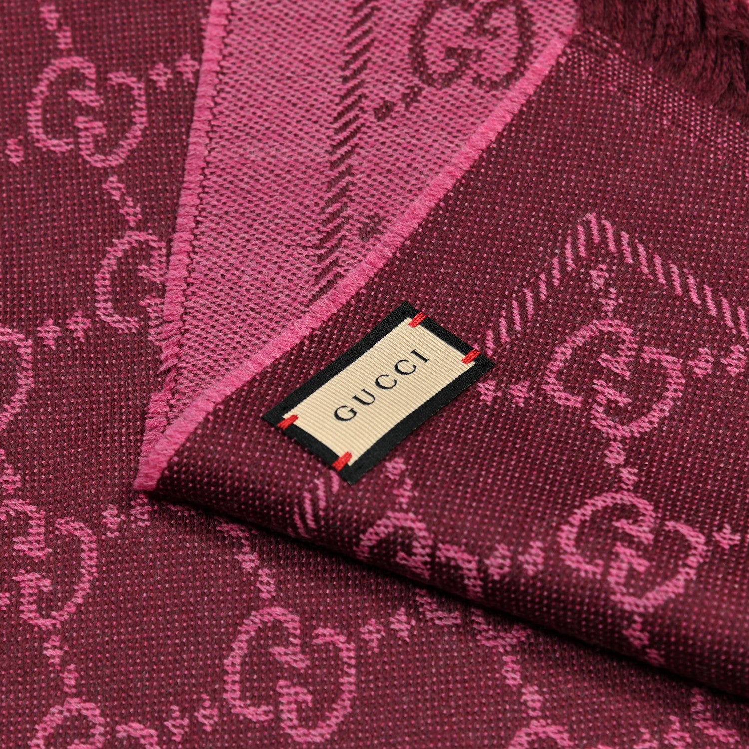 Gucci Wool Jacquard GG Monogram Sten Fringe Scarf Magenta Bordeaux 3 of 4