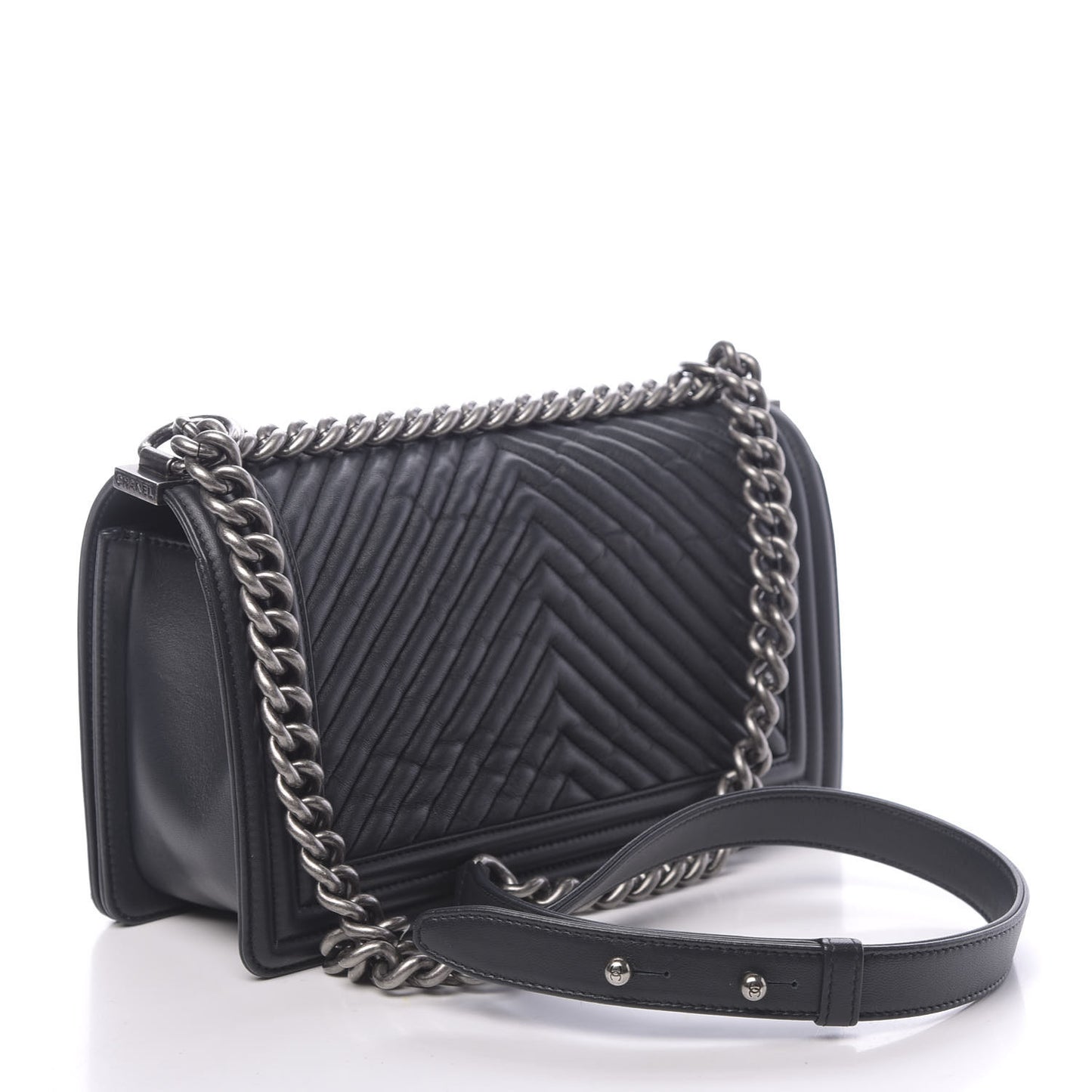 Wrinkled Lambskin Chevron Quilted Medium Boy Flap Black