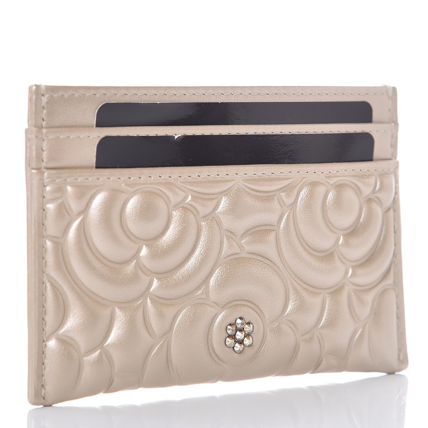 Chanel Metallic Lambskin Crystal Camellia Embossed Card Holder Gold 3 of 8