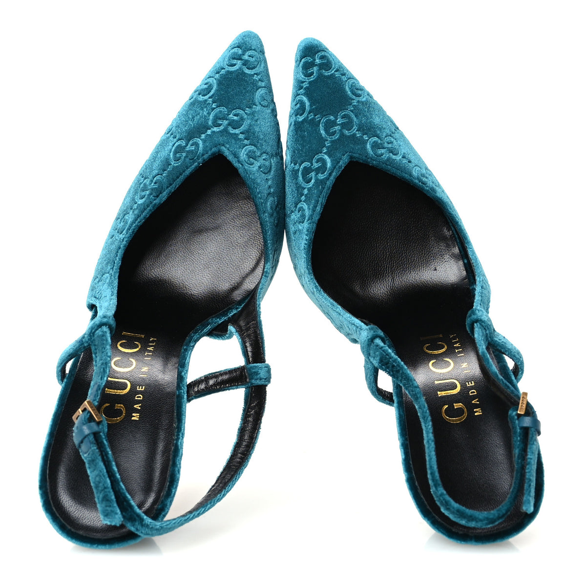Gucci Velvet GG Monogram Slingback 115mm Pumps 37.5 Peacock 2 of 10