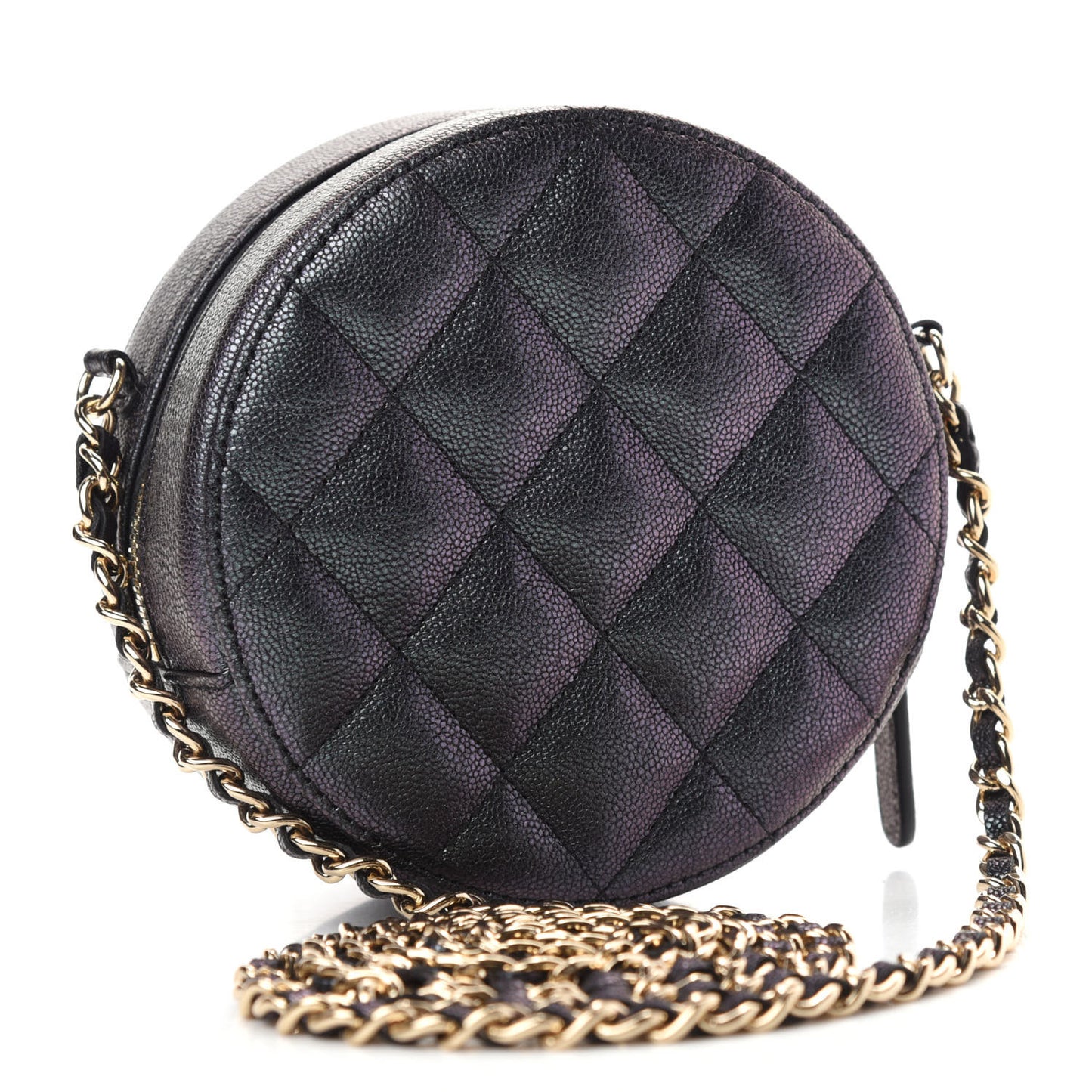 Iridescent Caviar Quilted Round Clutch With Chain Black