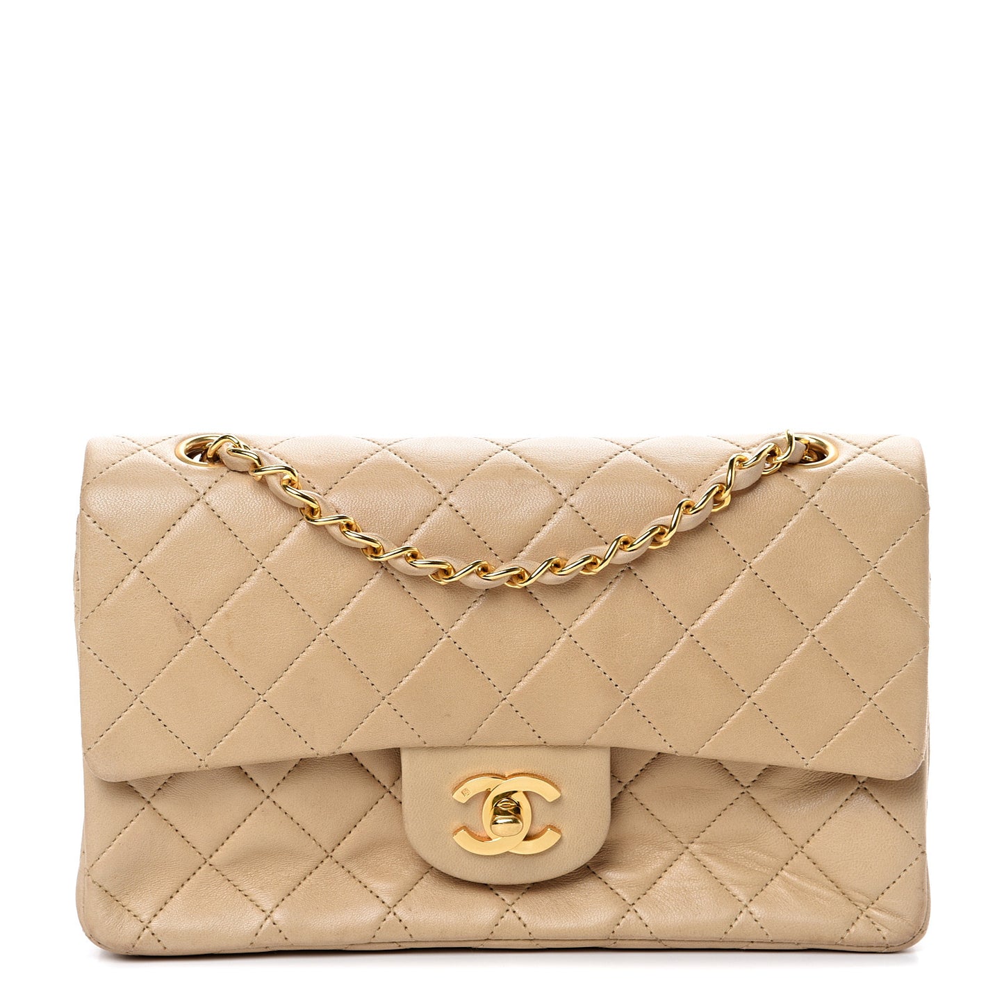 Lambskin Quilted Small Double Flap Beige