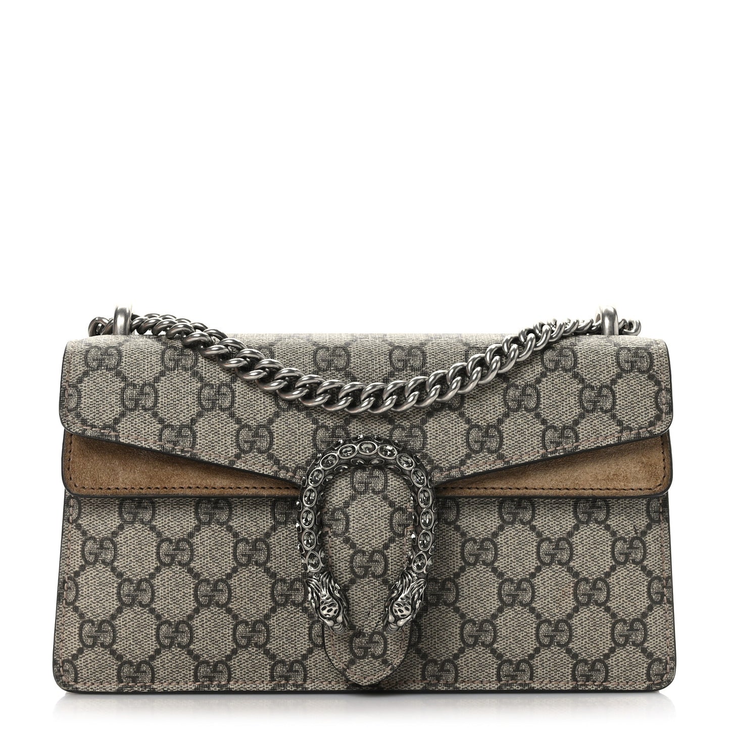 GG Supreme Monogram Suede Crystal Small Dionysus Shoulder Bag Beige Ebony Taupe