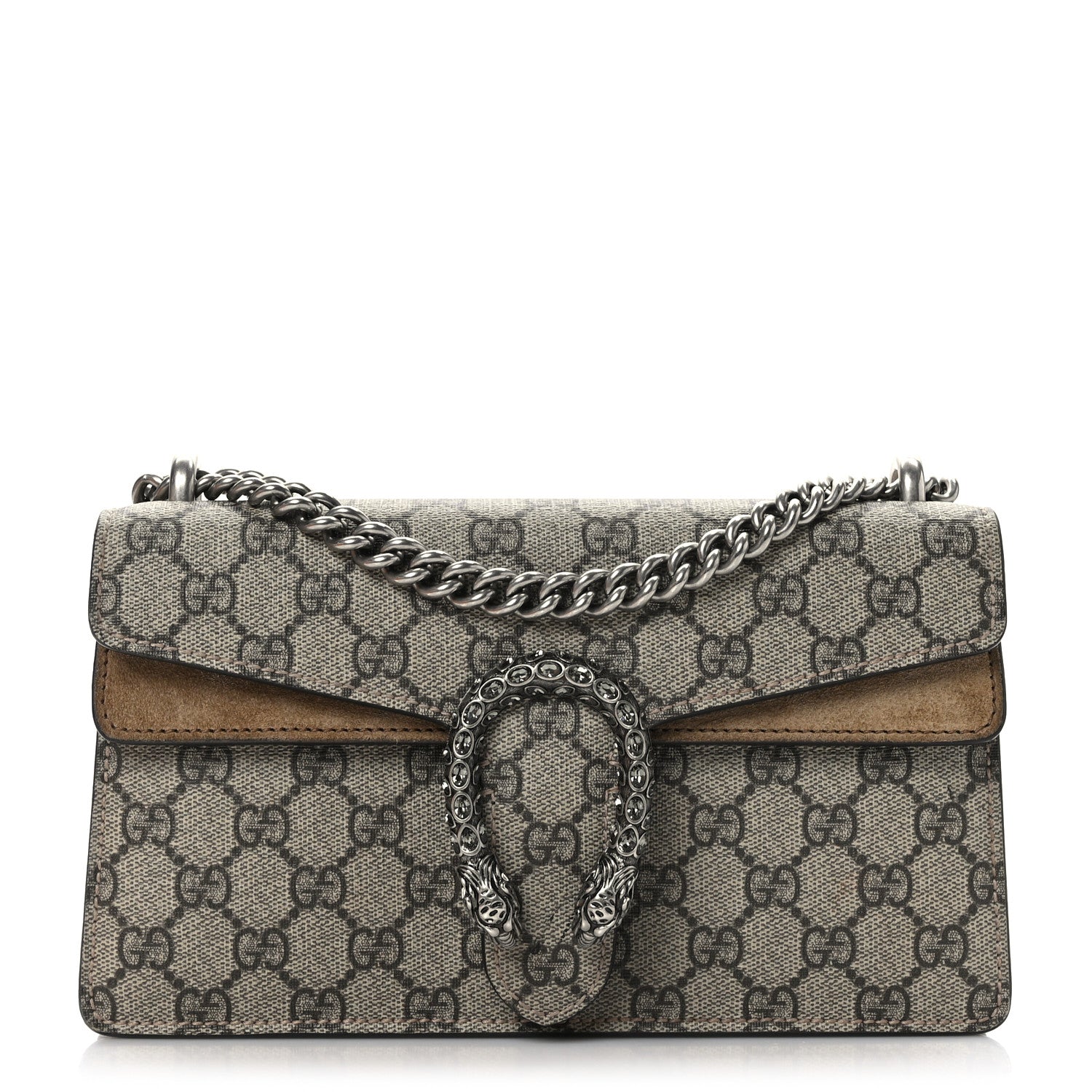 Gucci GG Supreme Monogram Suede Crystal Small Dionysus Shoulder Bag Beige Ebony Taupe 1 of 10