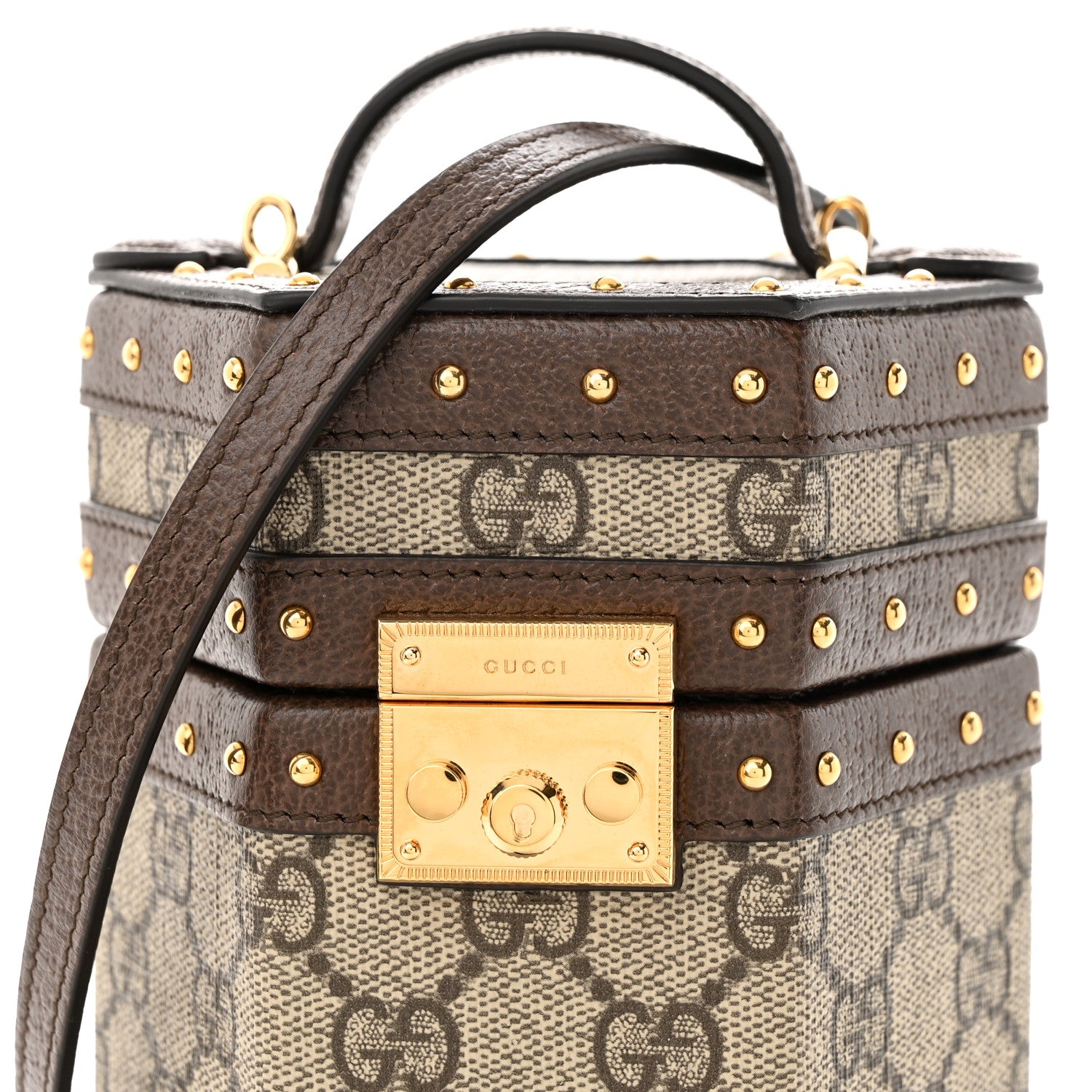 Gucci GG Supreme Monogram Textured Dollar Calfskin Studded Padlock Hexagon Top Handle Case Beige Ebony New Acero 7 of 11