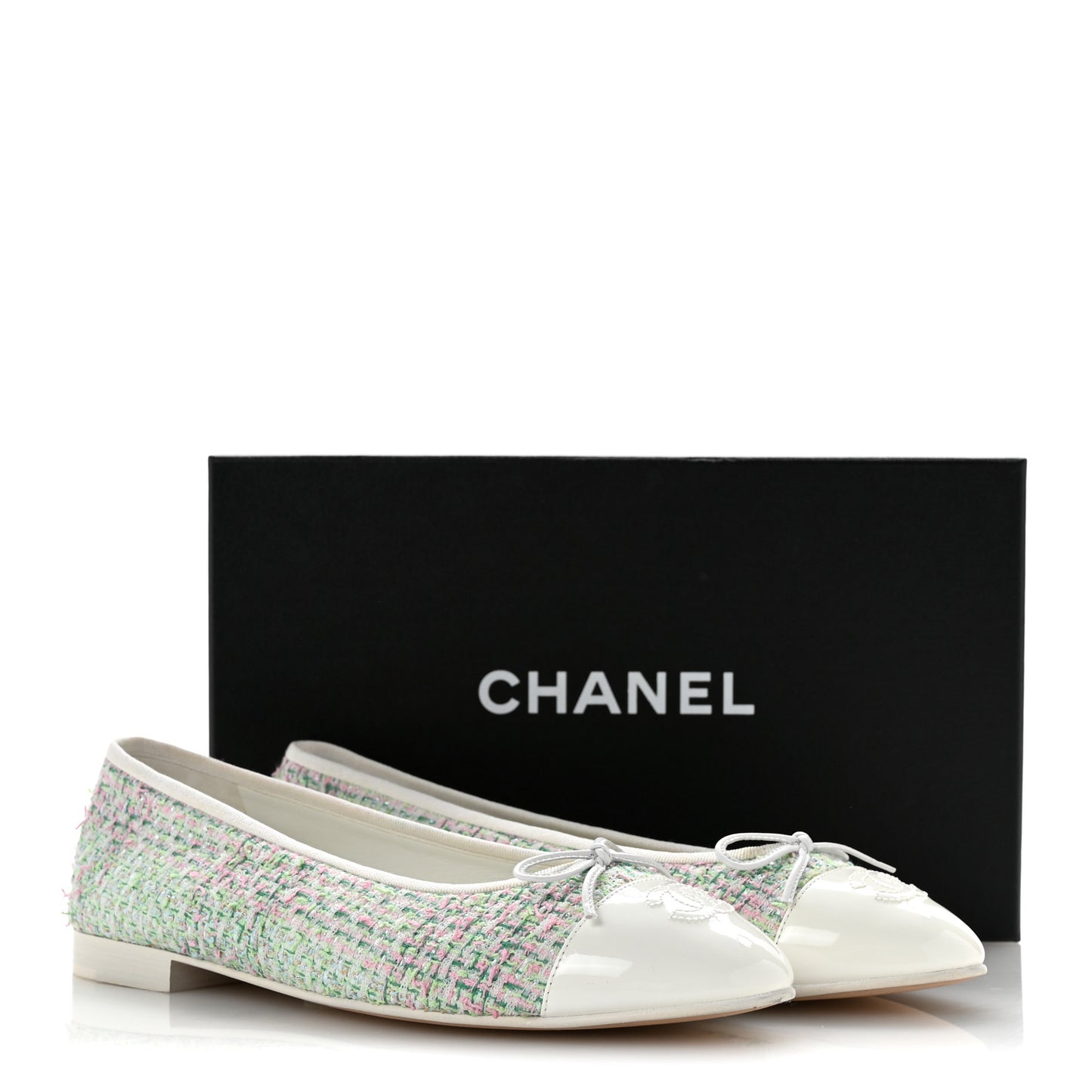 Cotton Tweed Patent Calfskin Cap Toe Ballerina Flats 40.5  Green Pink Turquoise White