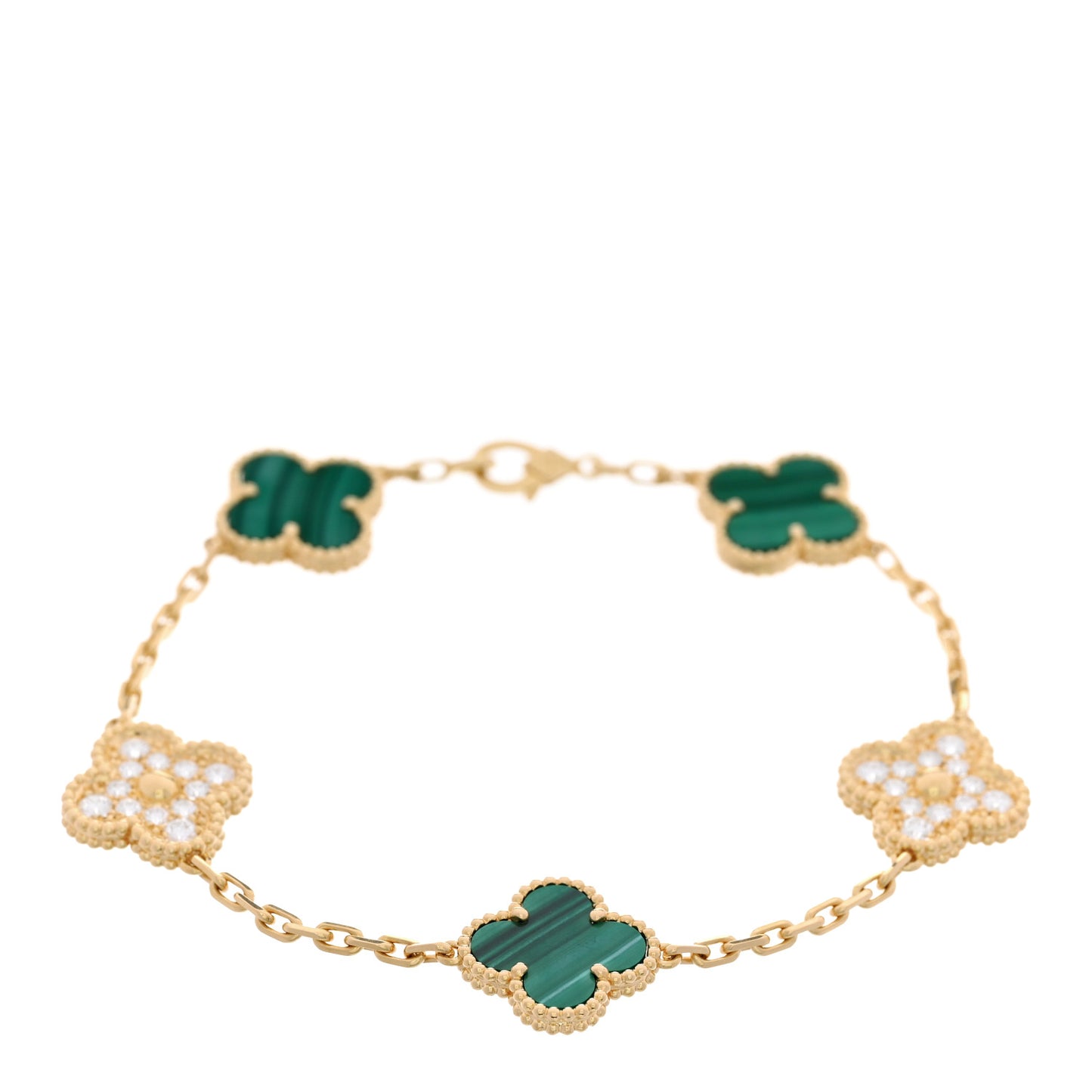 18K Yellow Gold Diamond Malachite 5 Motifs Vintage Alhambra Bracelet