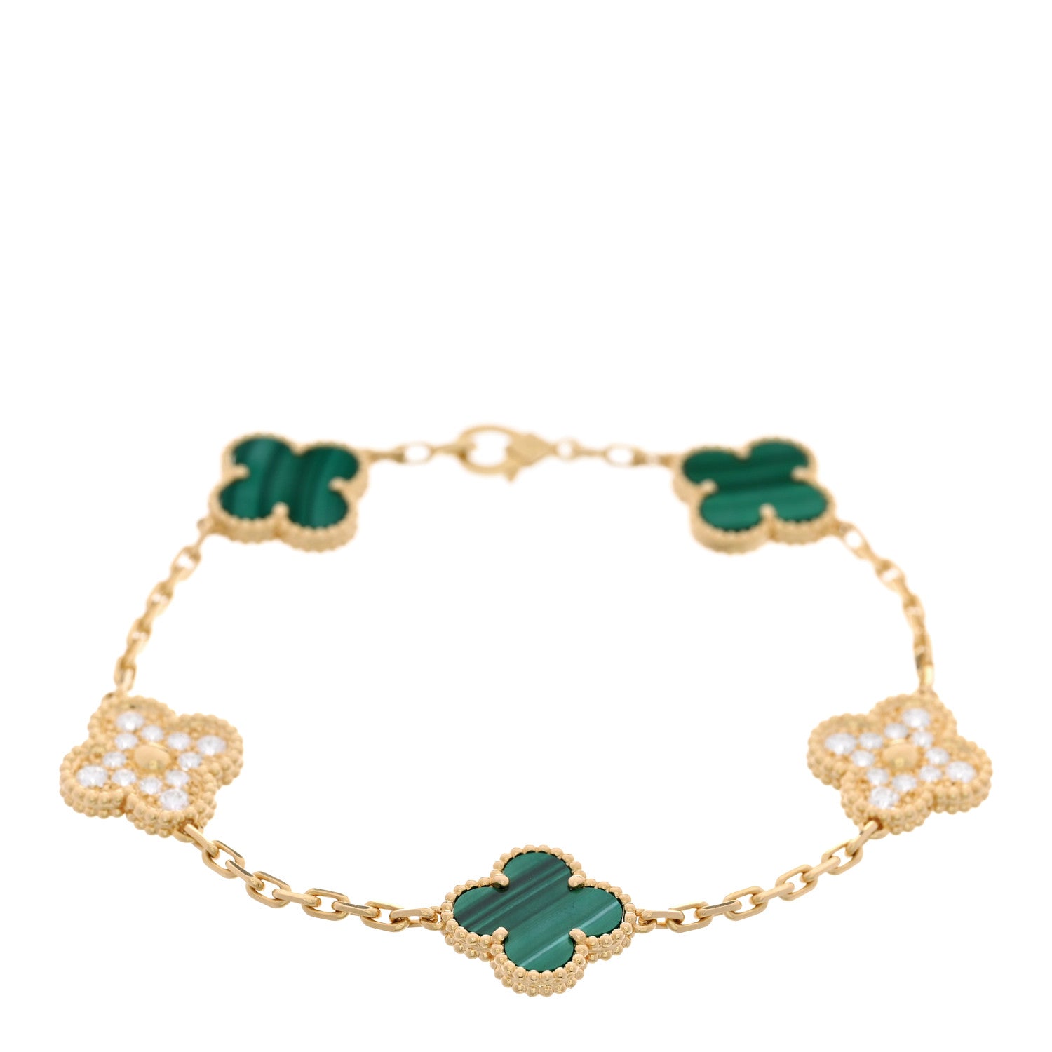Van Cleef & Arpels 18K Yellow Gold Diamond Malachite 5 Motifs Vintage Alhambra Bracelet 1 of 5