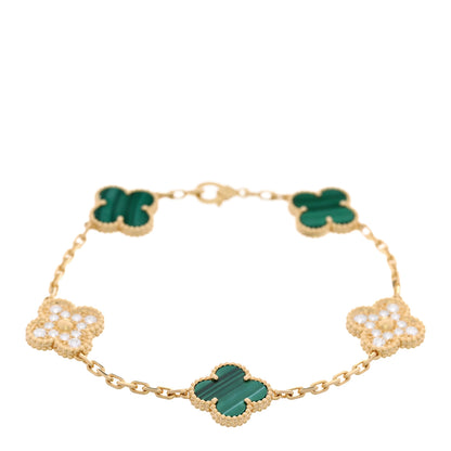 Van Cleef & Arpels 18K Yellow Gold Diamond Malachite 5 Motifs Vintage Alhambra Bracelet 1 of 5