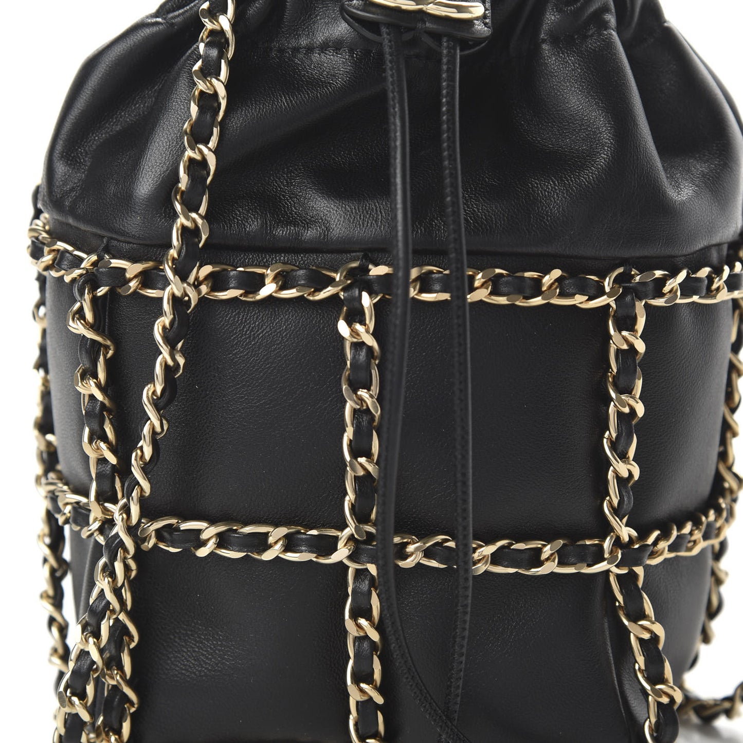 Lambskin Bucket Chain Drawstring Bag Black