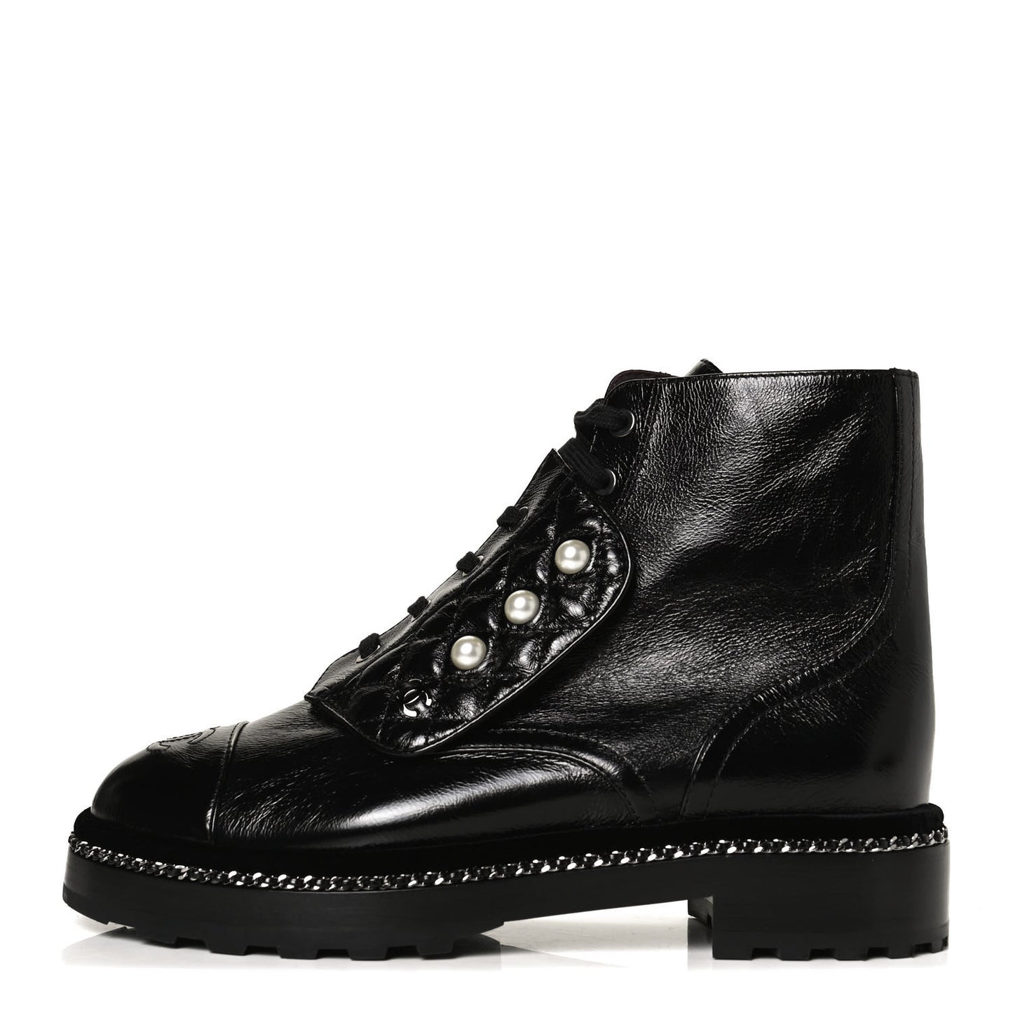 Crackled Calfskin Velvet Pearl Combat Short Boots 39.5 Black