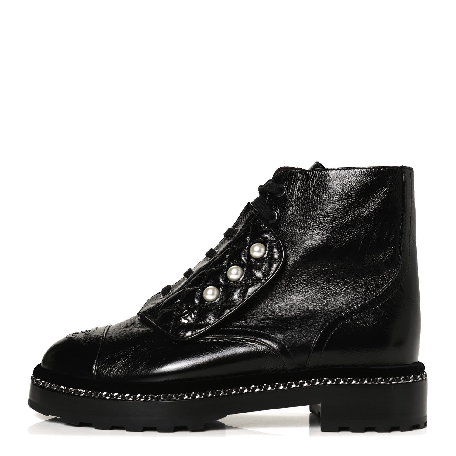 Chanel Crackled Calfskin Velvet Pearl Combat Short Boots 39.5 Black 1 of 11