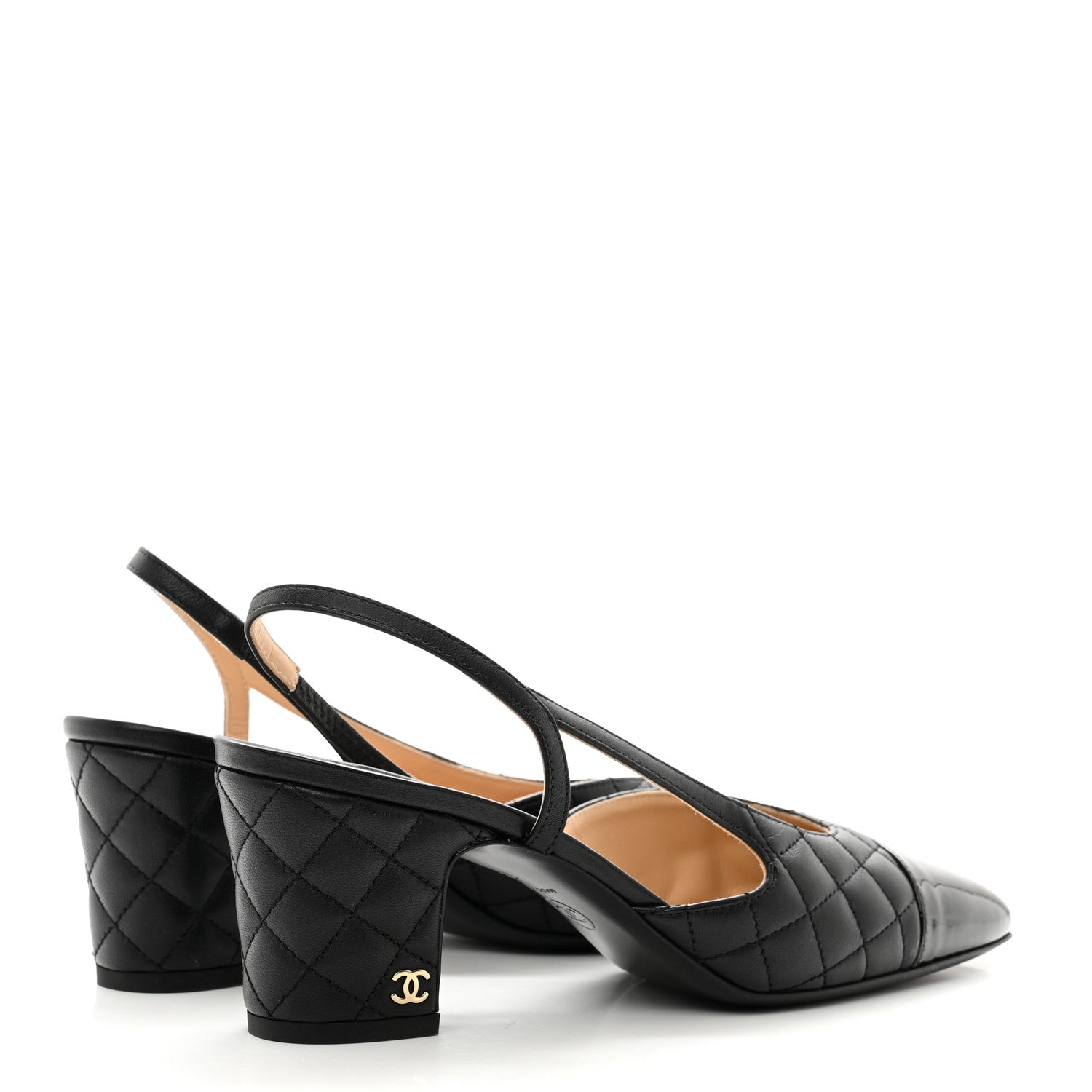 Chanel Lambskin Patent Calfskin Quilted Cap Toe CC Slingback Pumps 38 Black 4 of 8