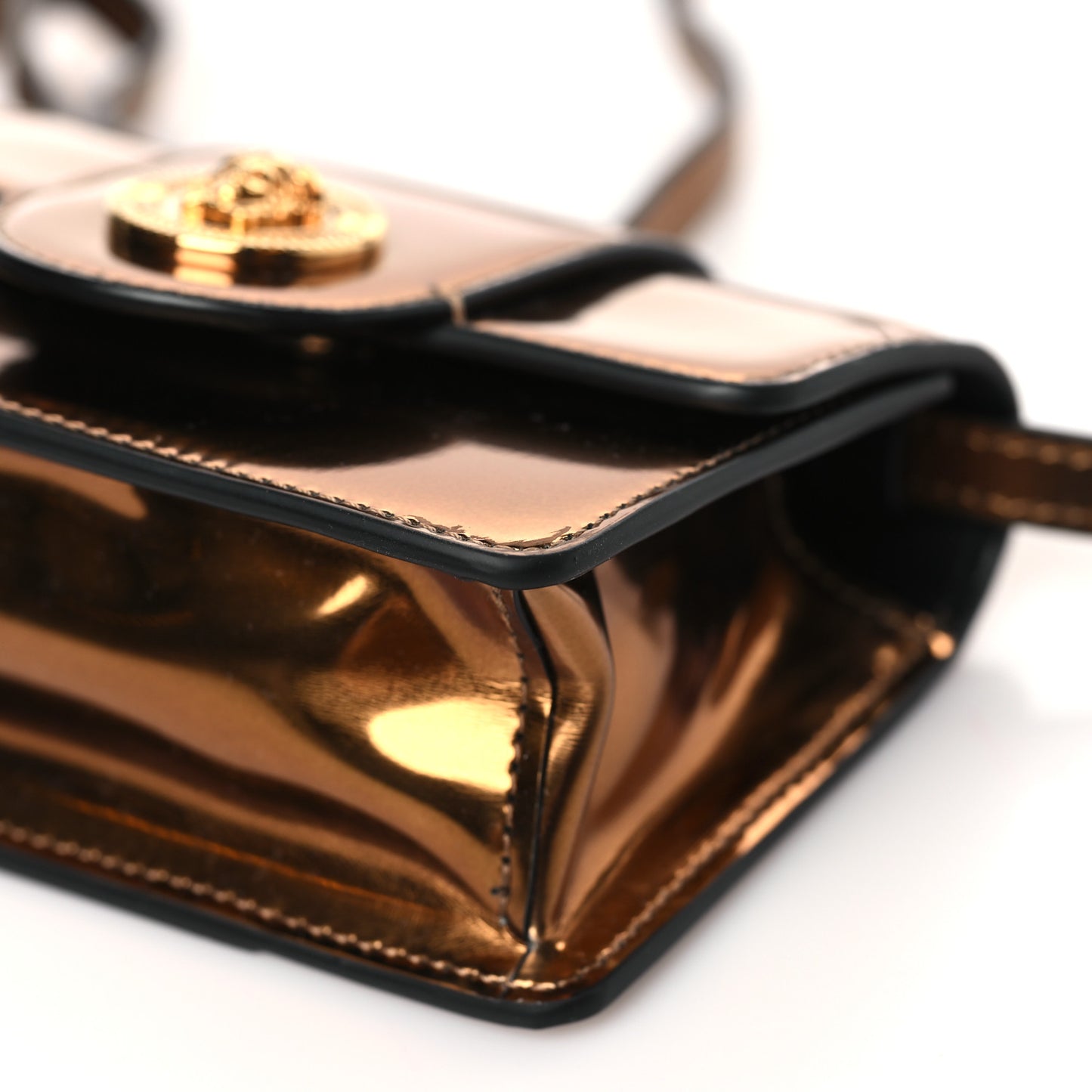 Metallic Laminated Calfskin Mini Medusa Crossbody Bag Tan