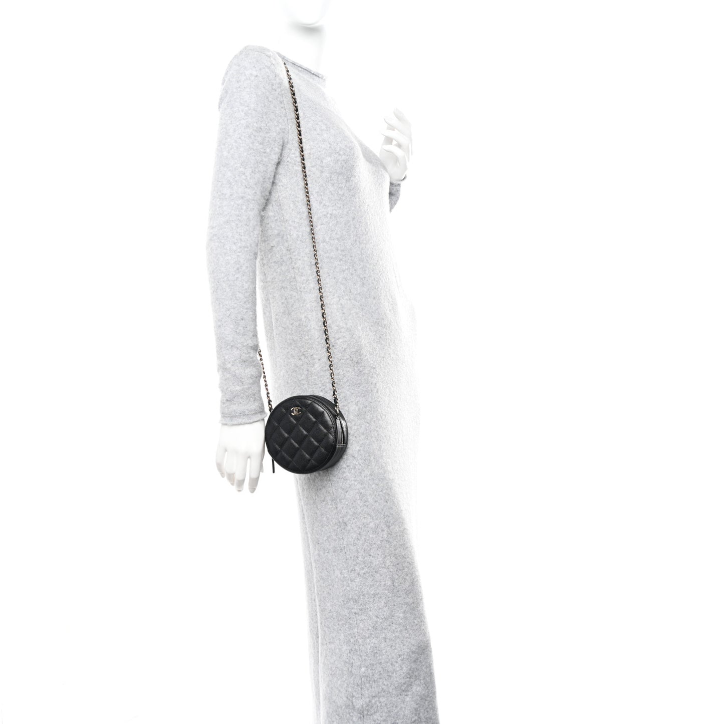 Caviar Quilted Round Clutch With Chain Black