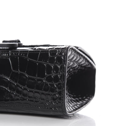 Balenciaga Shiny Calfskin Monochrome Crocodile Embossed Hourglass Top Handle Bag XS Black 6 of 8