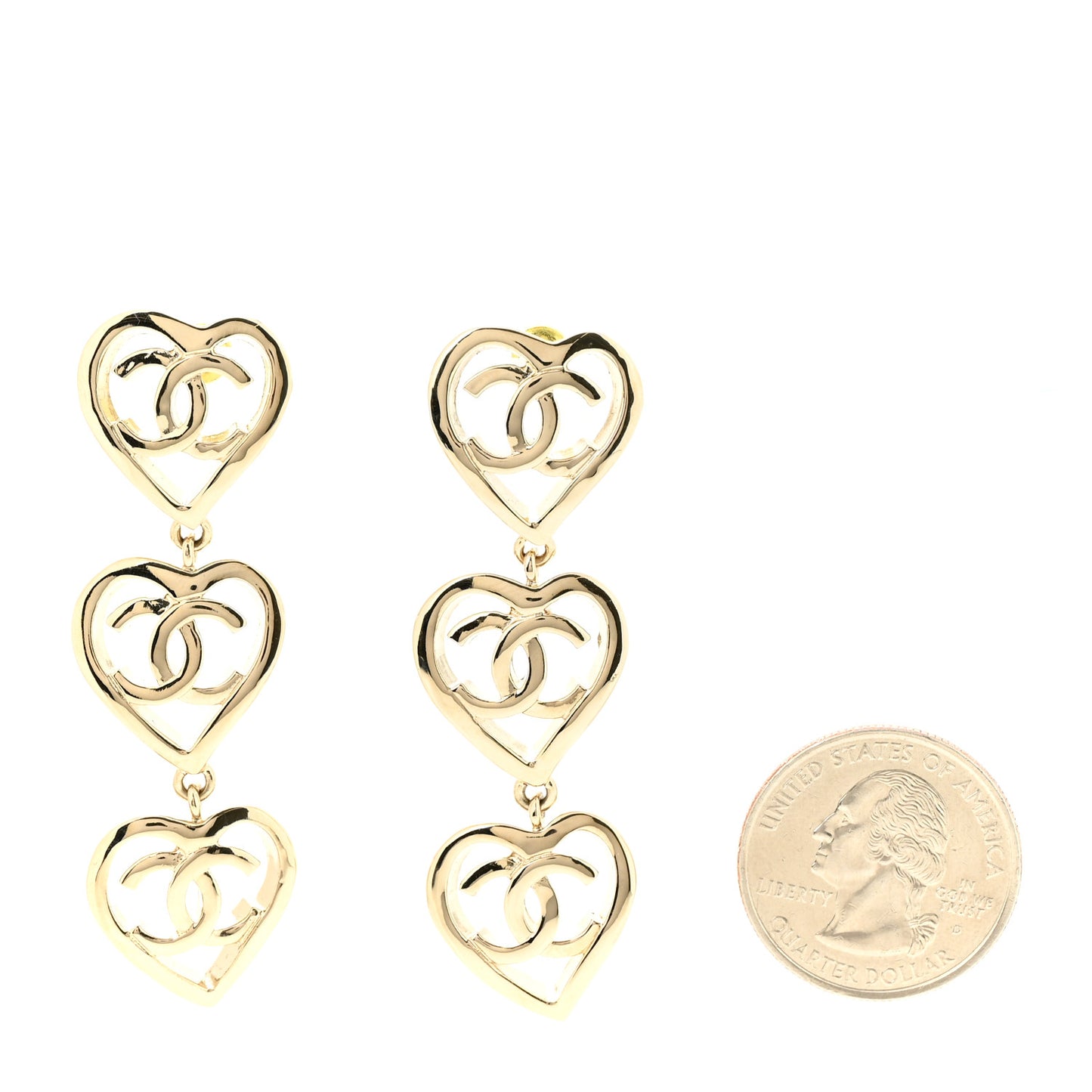 Metal CC Triple Heart Coco In Love Drop Earrings Gold