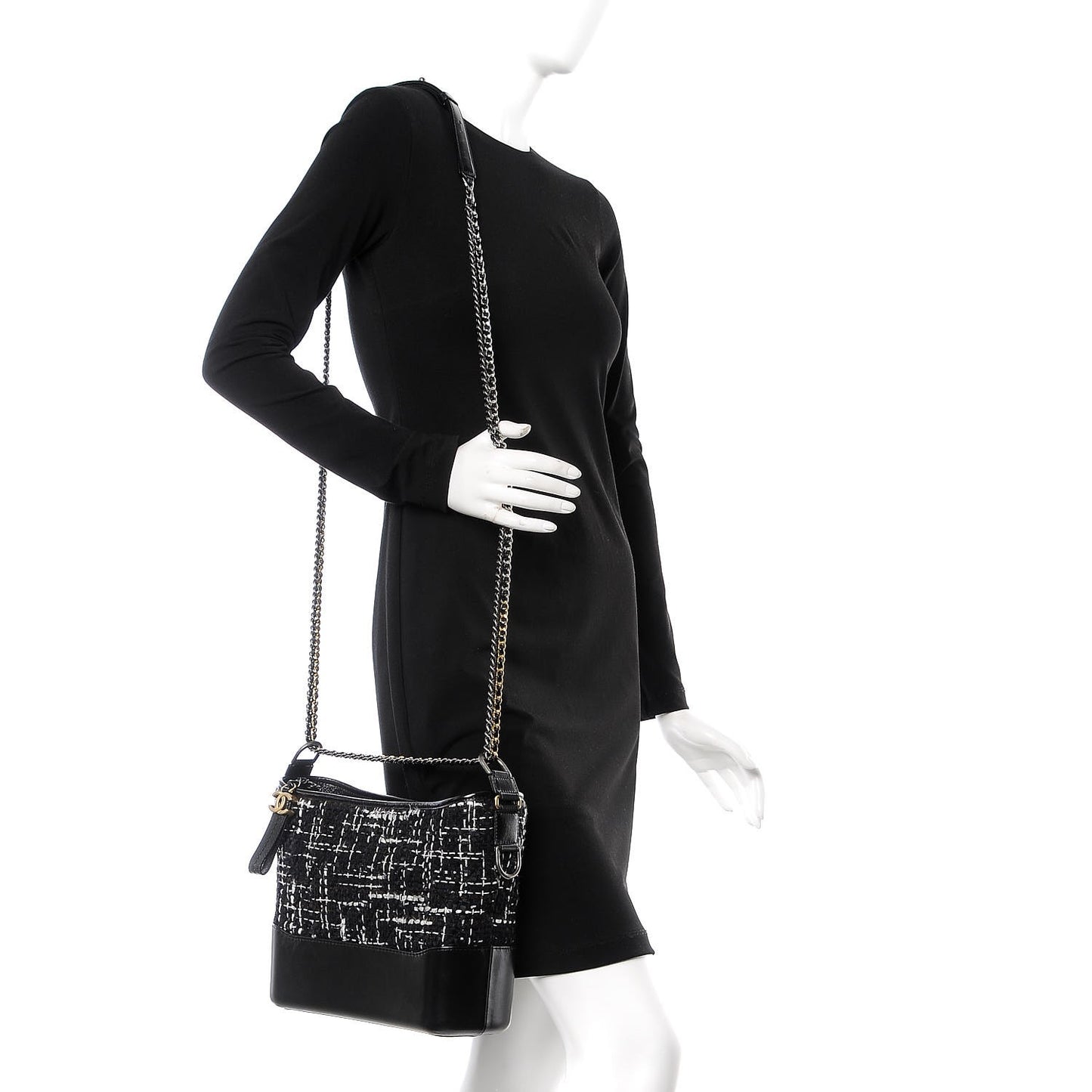 Tweed Calfskin Quilted Medium Gabrielle Hobo Black White