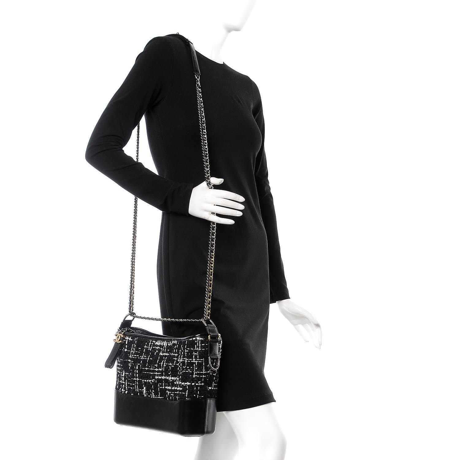 Chanel Tweed Calfskin Quilted Medium Gabrielle Hobo Black White 3 of 8
