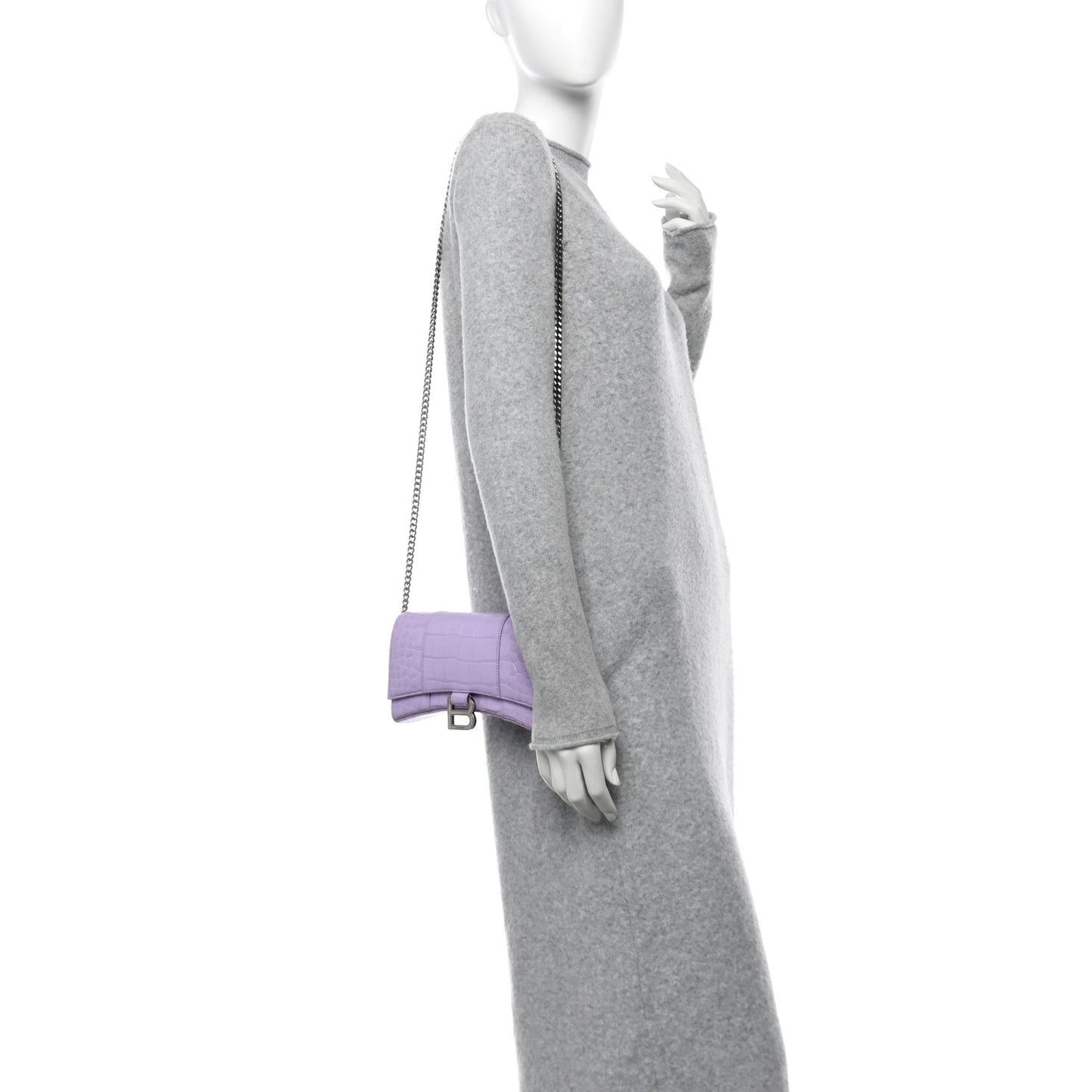 Shiny Calfskin Crocodile Embossed Hourglass Chain Bag Lilac