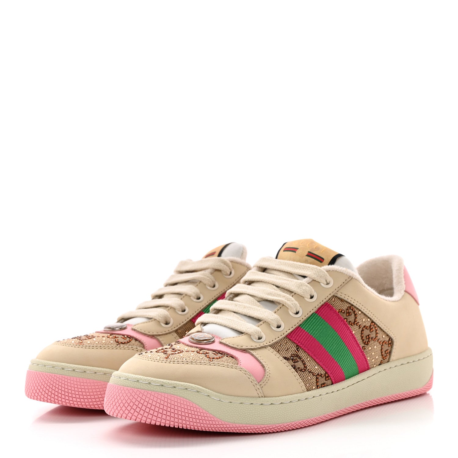 Gucci New GG Monogram Nubuck Web Crystal Embellished Womens Screener Sneakers 38 Camel Ebony Wild Rose 3 of 9