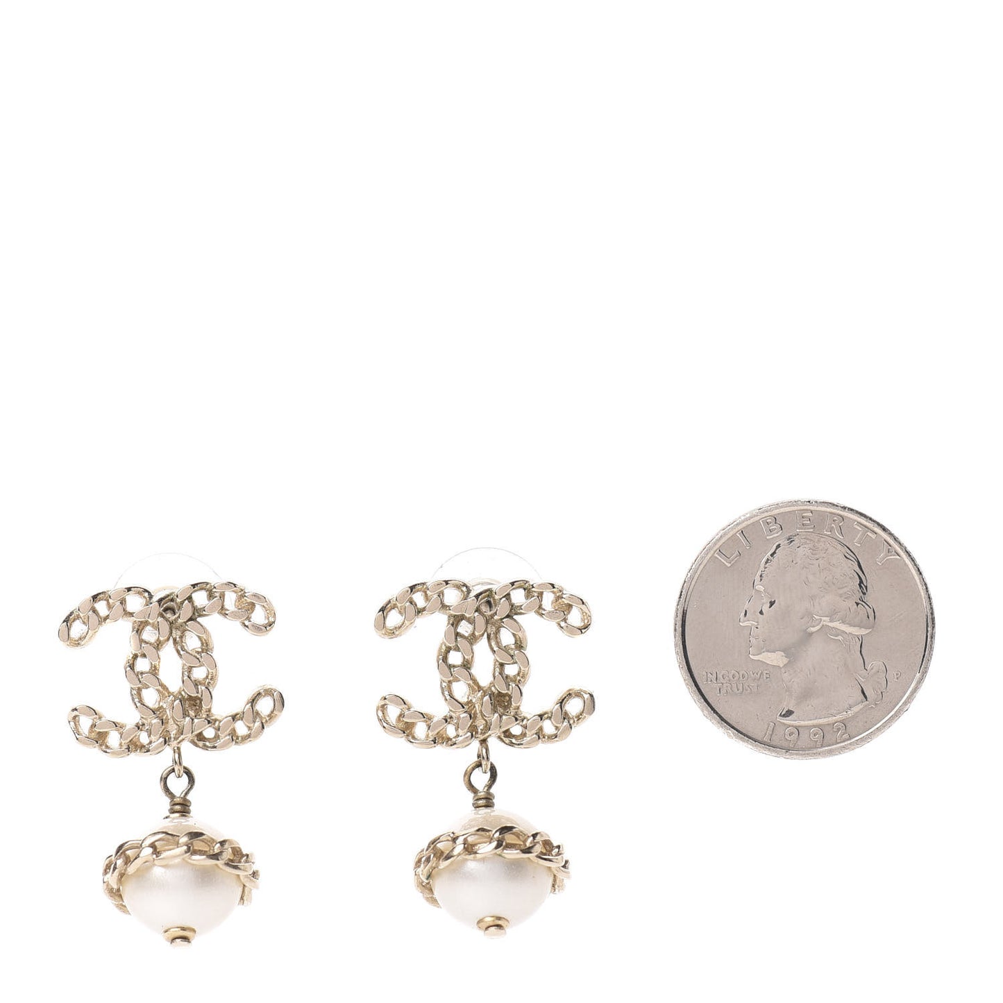 Chain Pearl CC Drop Earrings Gold