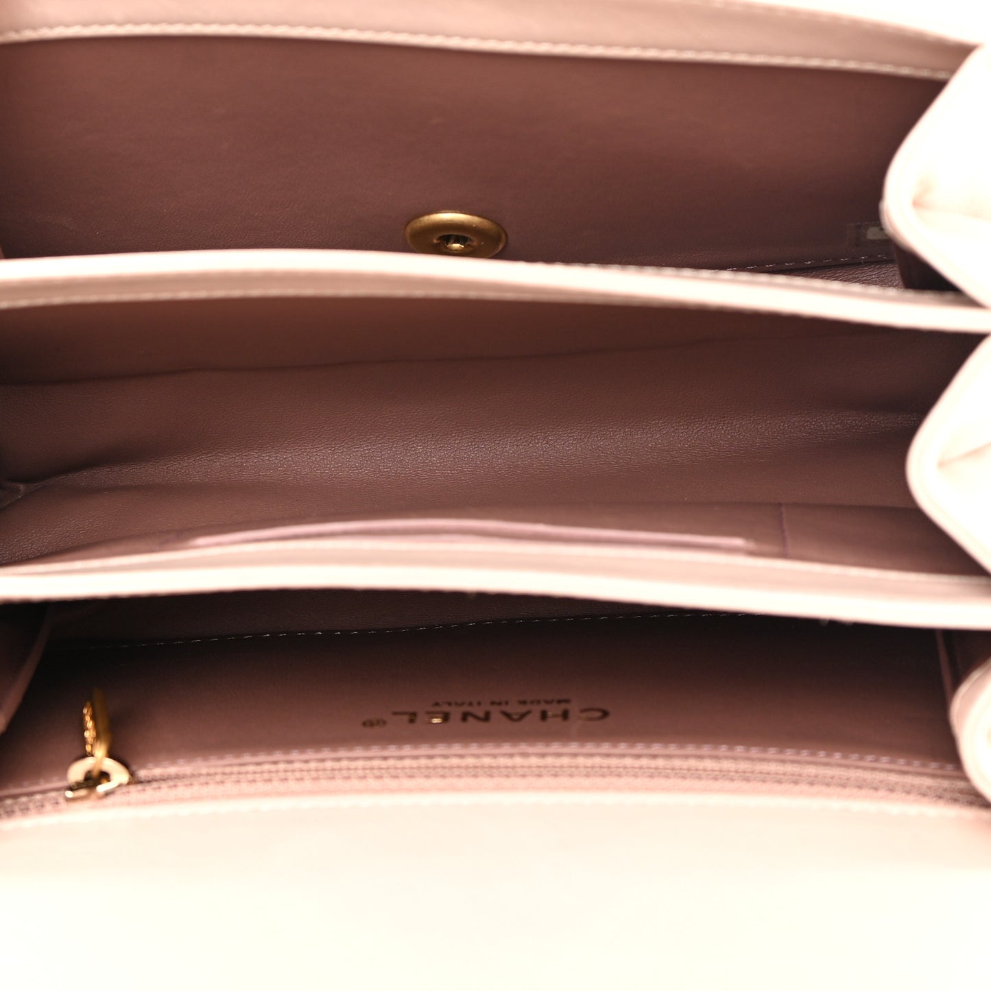 Glazed Calfskin Quilted Mini Straight Lined Flap Beige