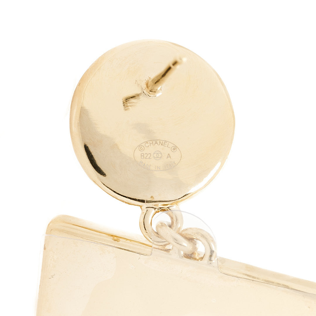 Metal Enamel Pearl Square CC Drop Earrings Gold Black White