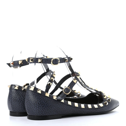 Valentino Garavani Pebbled Calfskin Rockstud Cage Ballerina Flats 35.5 Deep Denim 4 of 8