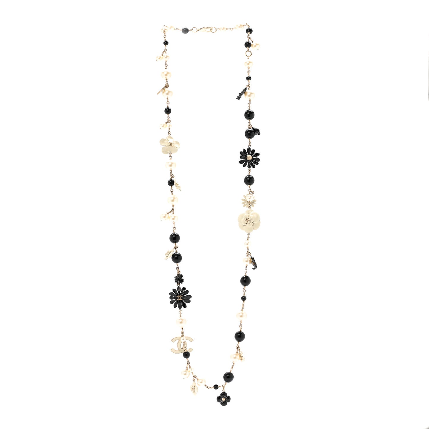 Pearl Enamel Resin Beaded Camelia CC Long Necklace Black White Gold