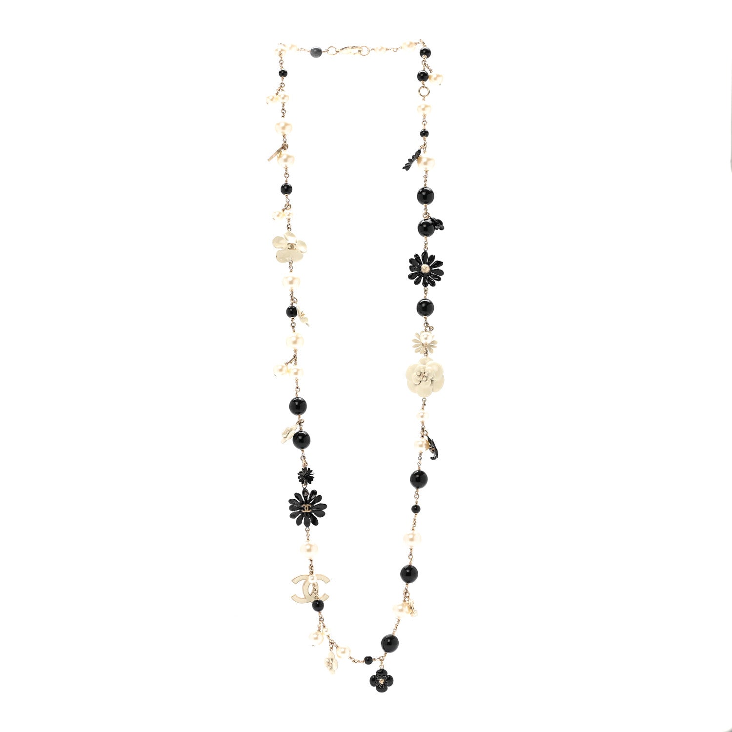 Chanel Pearl Enamel Resin Beaded Camelia CC Long Necklace Black White Gold 3 of 5