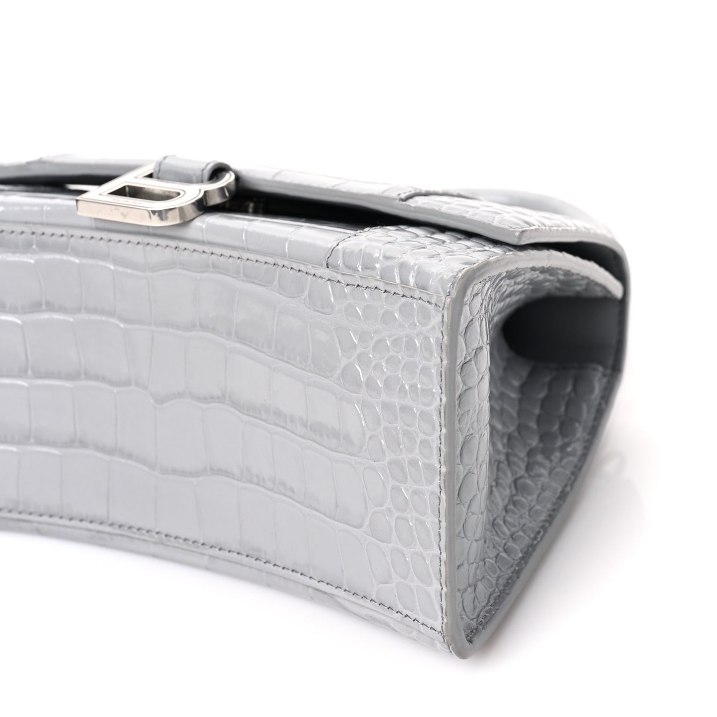Shiny Calfskin Crocodile Embossed Small Hourglass Top Handle Bag Balenciaga Grey
