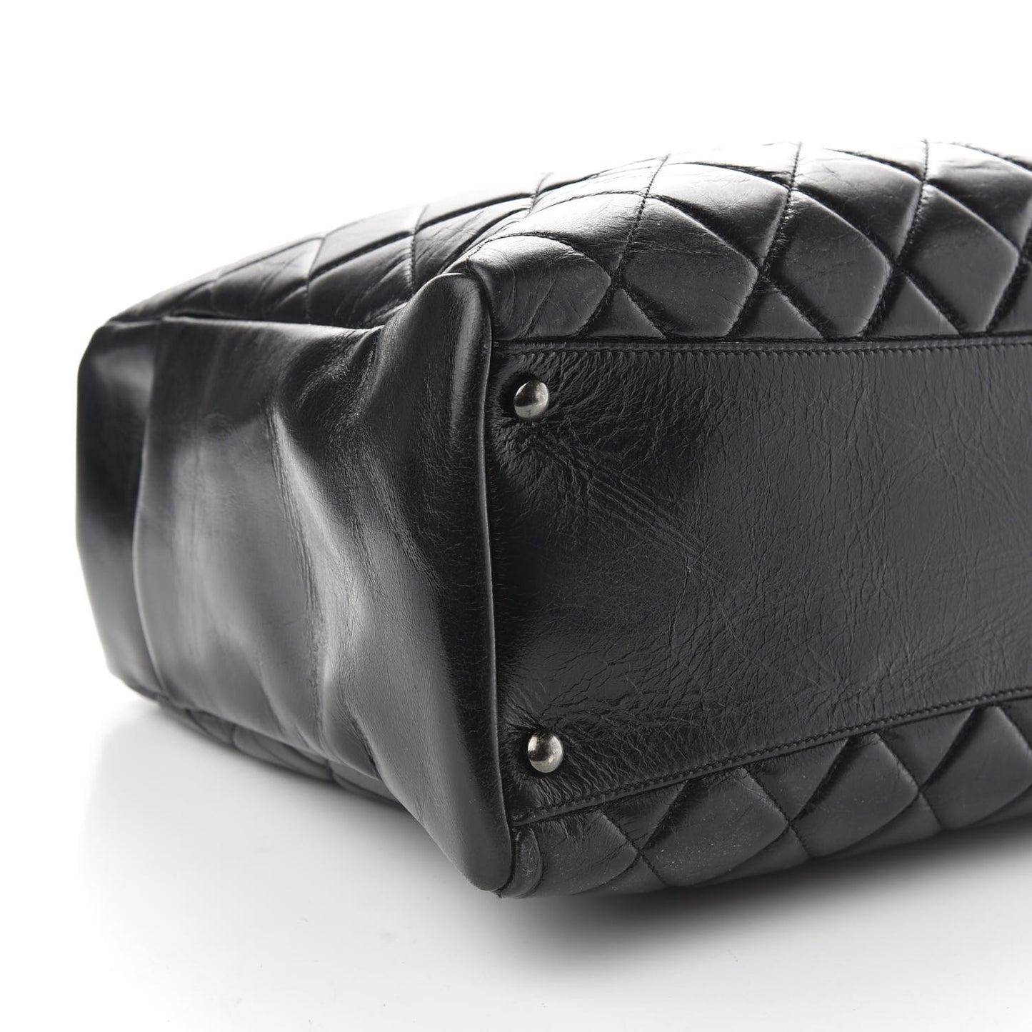 Glazed Calfskin Quilted Large Nameplate Shopping Tote Black
