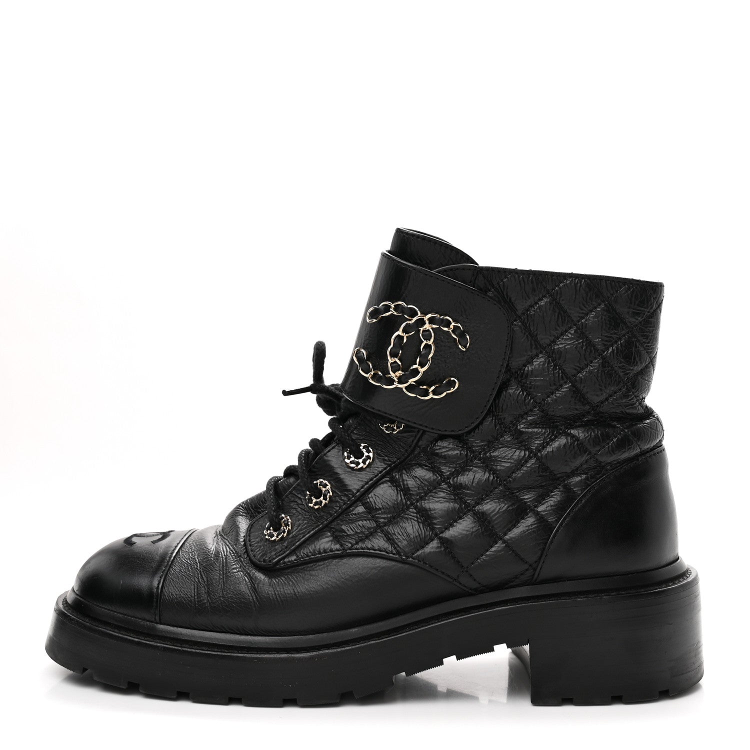 Chanel Shiny Lambskin Quilted Lace Up Combat Boots 41 Black 1 of 9