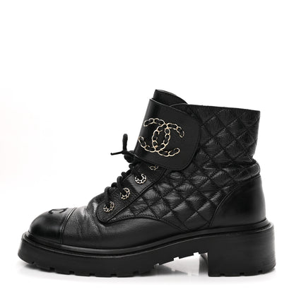 Chanel Shiny Lambskin Quilted Lace Up Combat Boots 41 Black 1 of 9