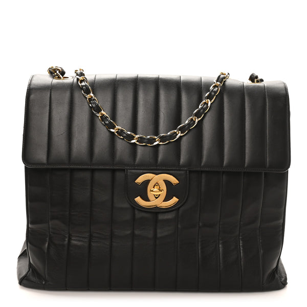 CHANEL フラット 34.5 Chanel Lambskin Vertical Quilted XL Jumbo Single Flap Black