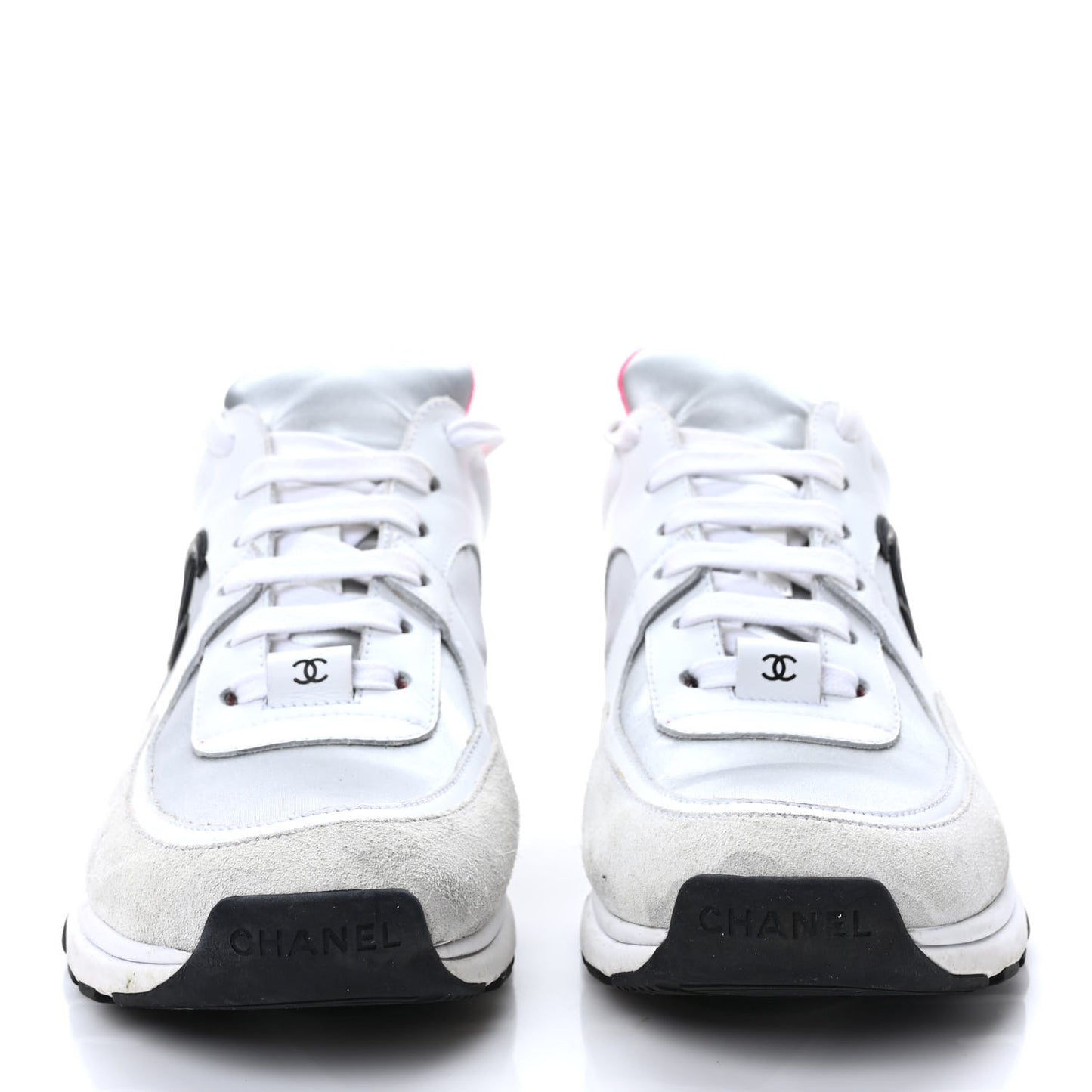 Calfskin Fabric Sneakers 37.5 White Silver Fluo Pink