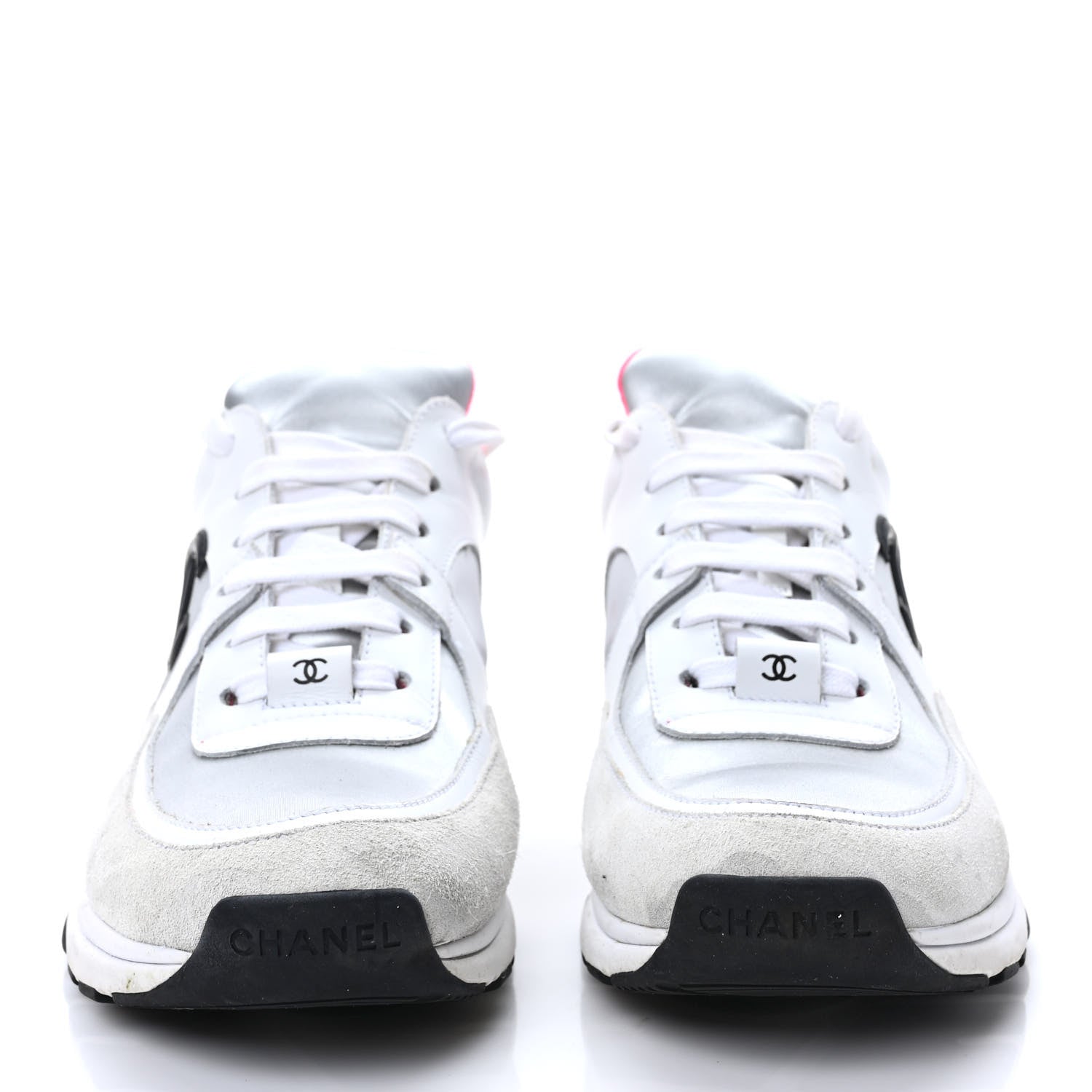 Chanel Calfskin Fabric Sneakers 37.5 White Silver Fluo Pink 2 of 9