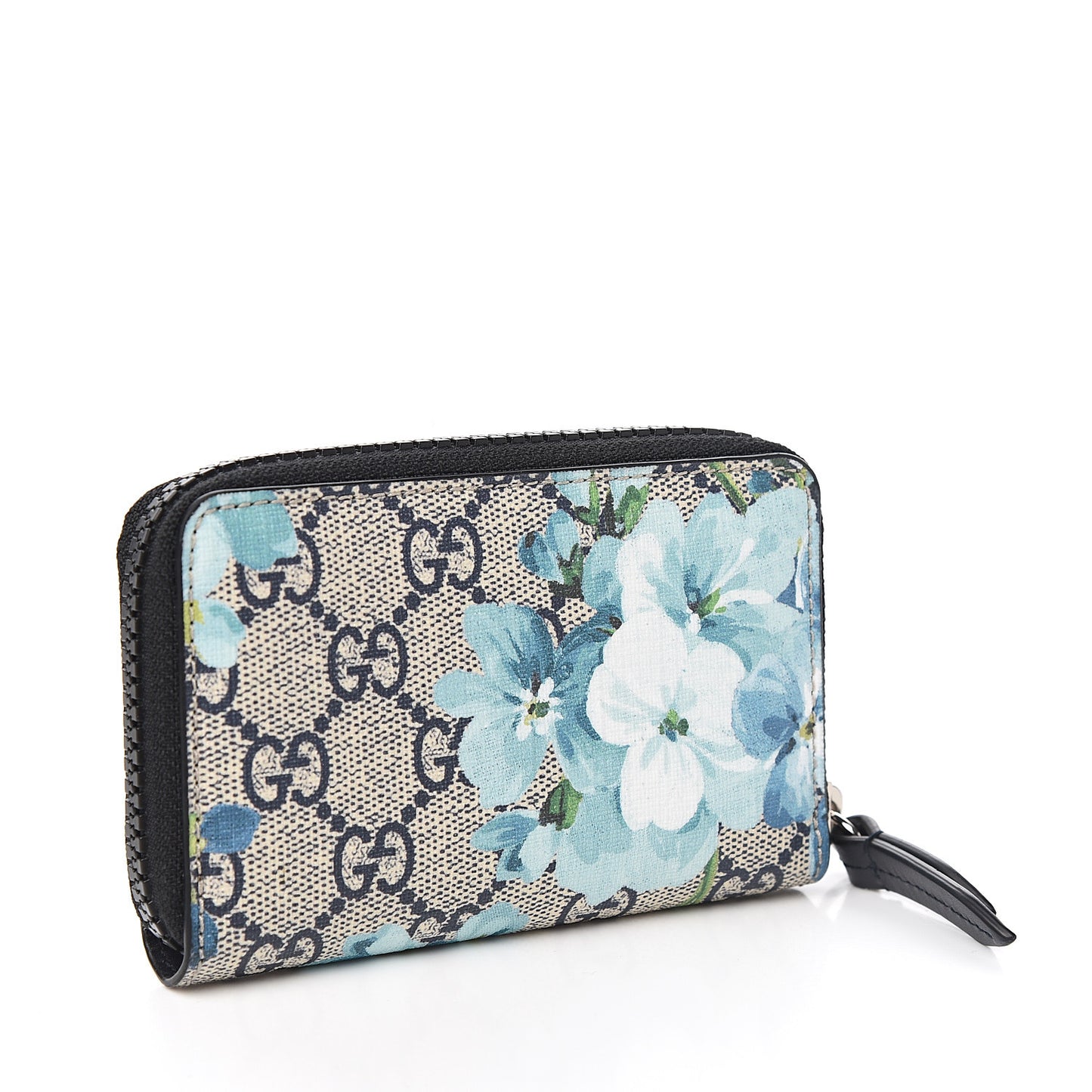 GG Supreme Monogram Blooms Zip Around Card Case Wallet Beige Blue Navy