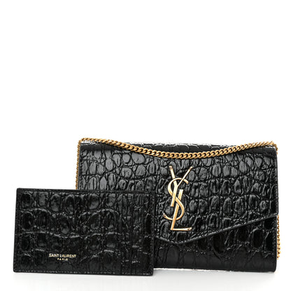 Saint Laurent Calfskin Crocodile Embossed Monogram Uptown Chain Wallet Black 3 of 12