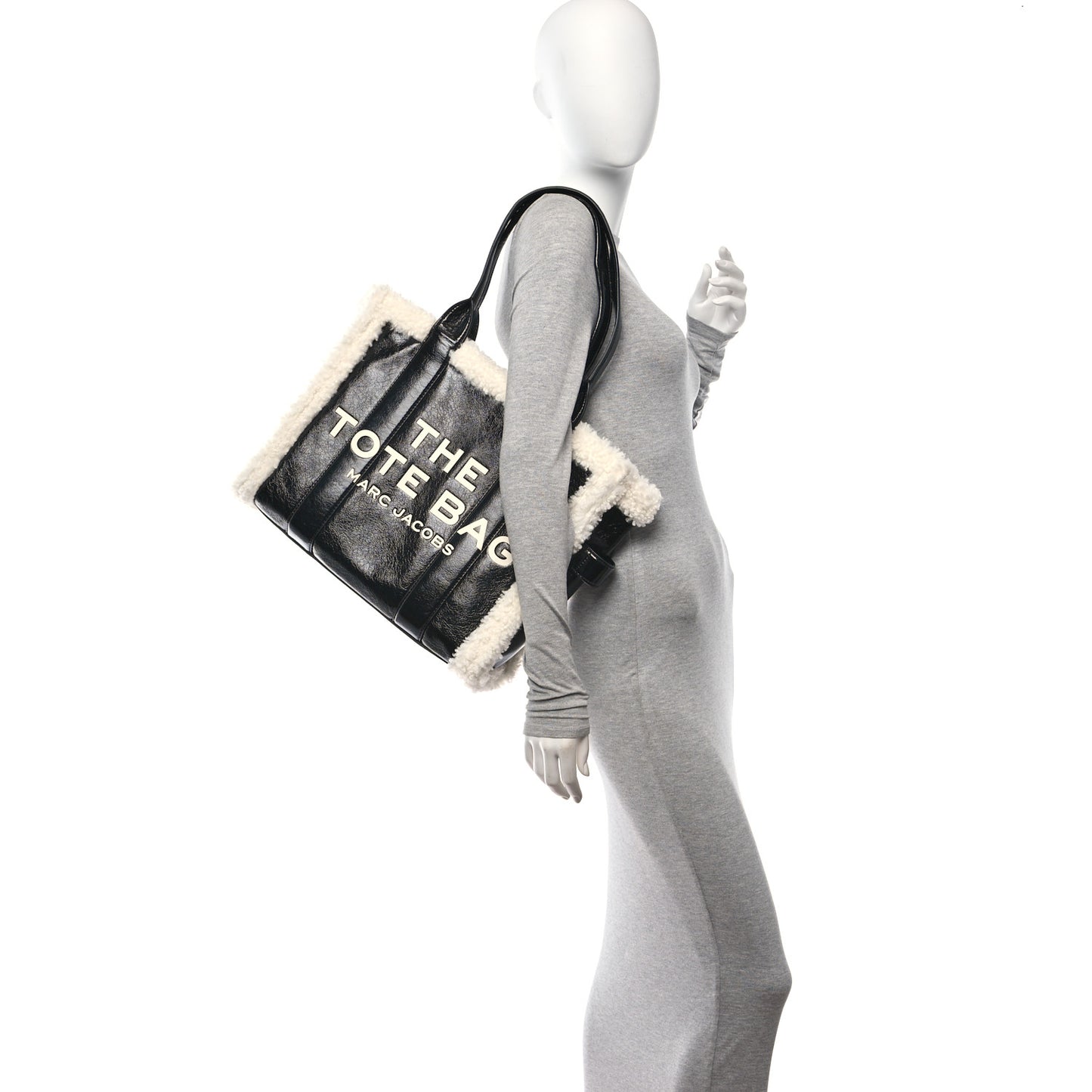 Shiny Calfskin Faux Shearling Large The Traveler Tote Bag Black