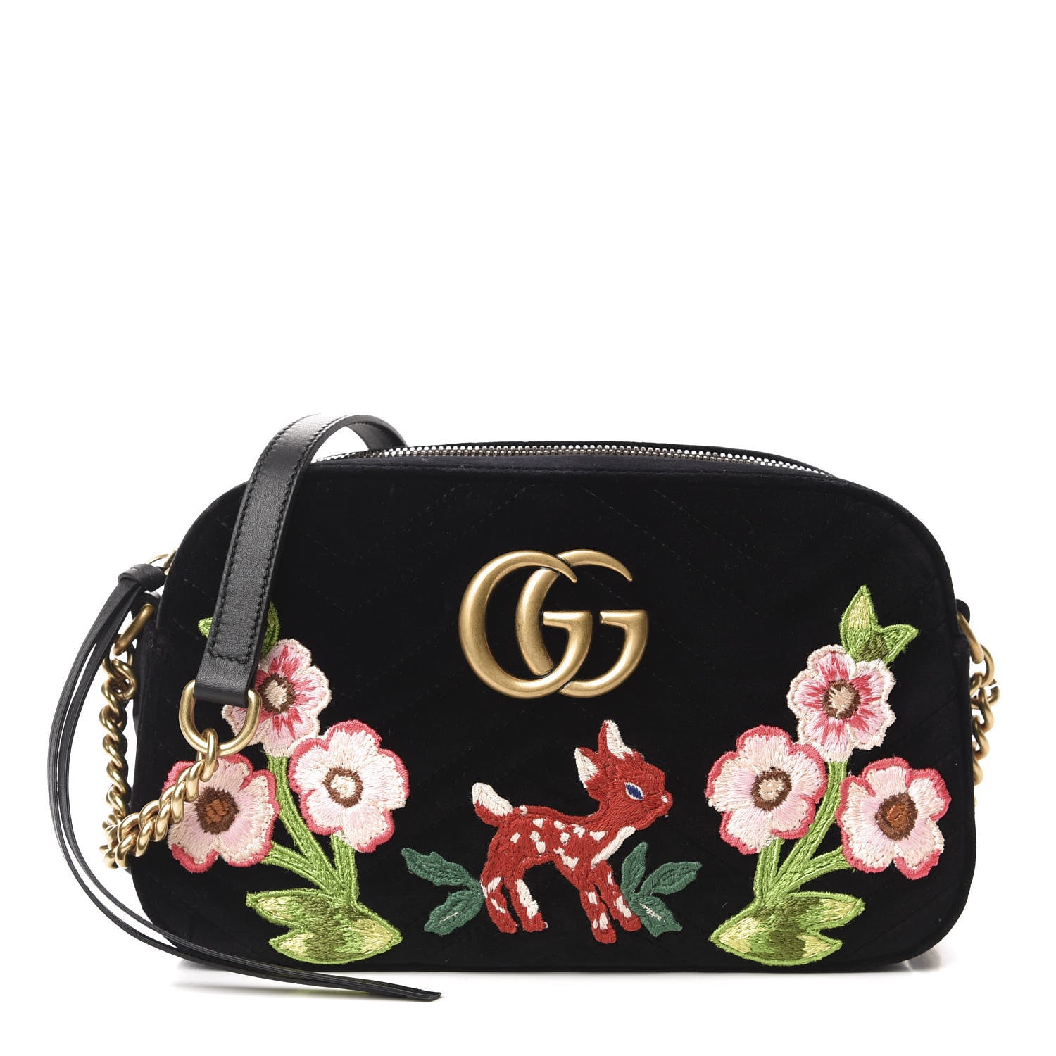 Gucci Velvet Matelasse Deer Embroidered Small GG Marmont Chain Shoulder Bag Black 1 of 10