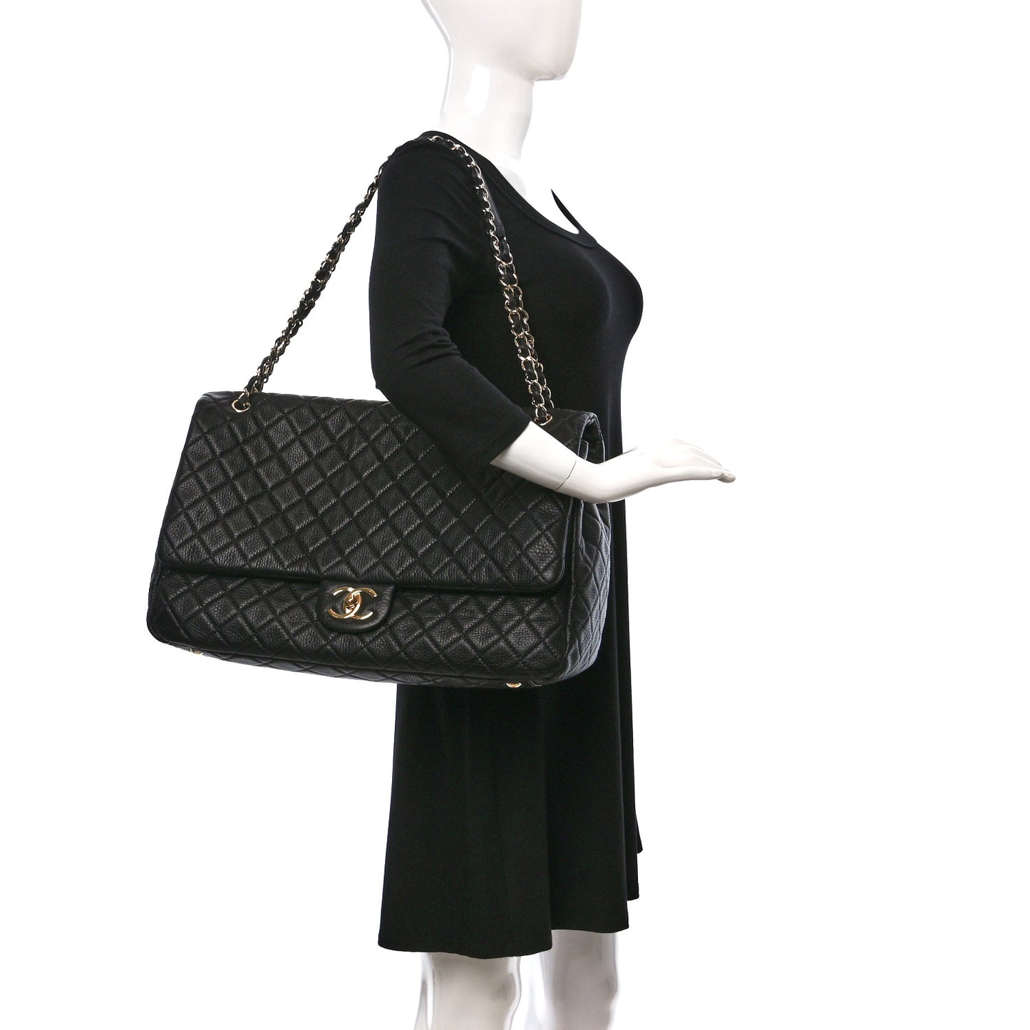 Calfskin Quilted XXL Travel Flap Bag Black