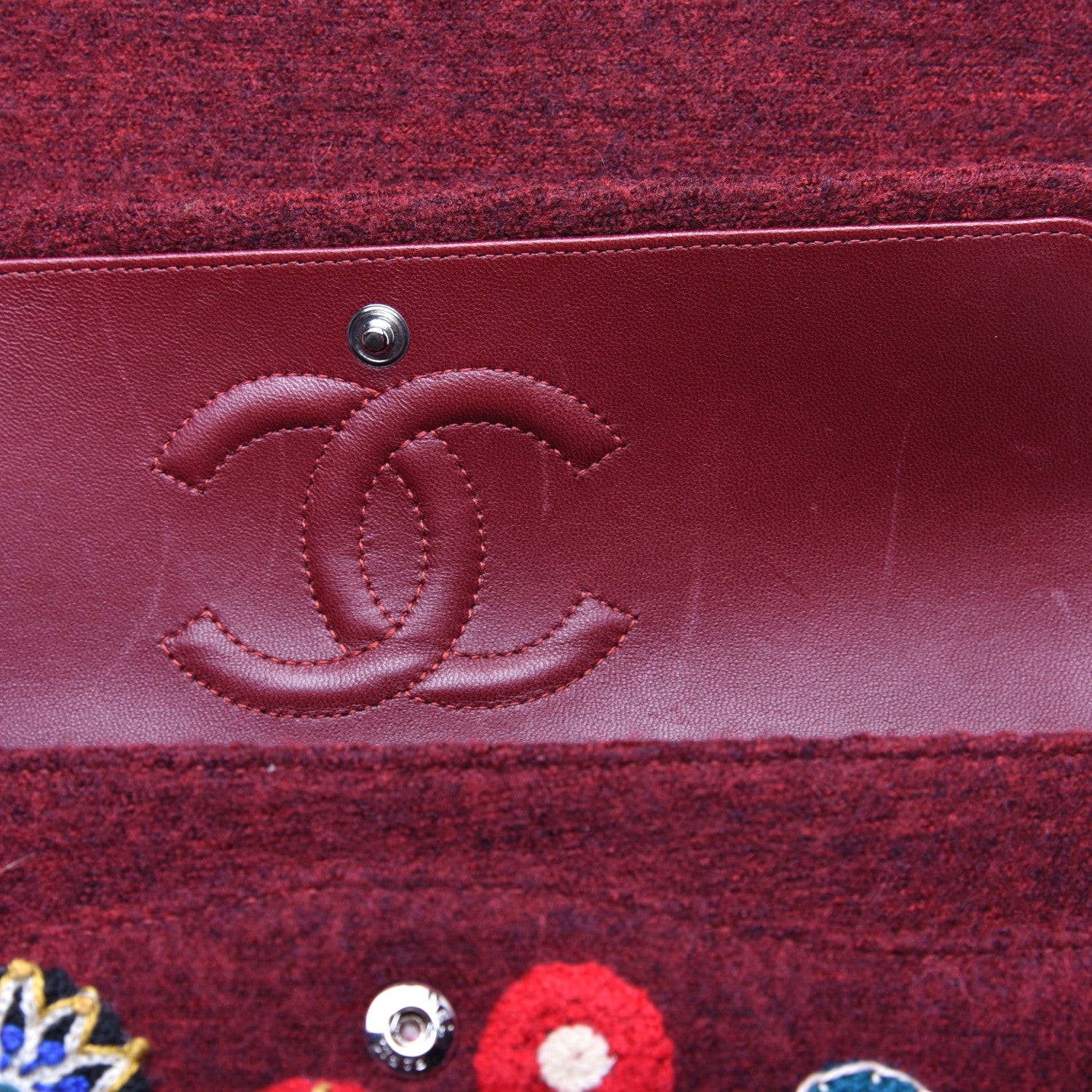 Chanel Felt Flower Embroidered Medium Double Flap Burgundy Multicolor 12 of 13