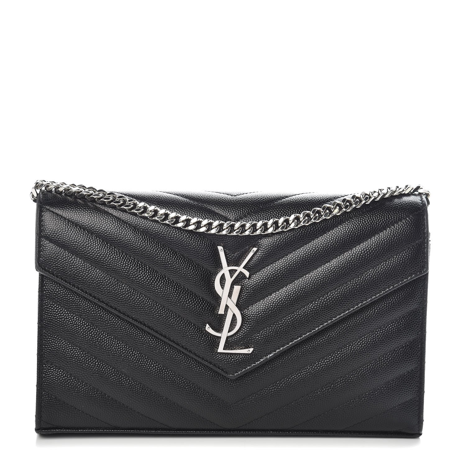 Saint Laurent Grain De Poudre Matelasse Chevron Monogram Chain Wallet Black 1 of 8