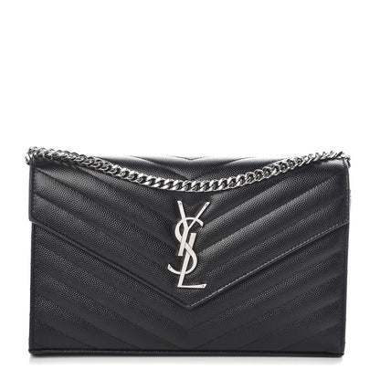 Saint Laurent Grain De Poudre Matelasse Chevron Monogram Chain Wallet Black 1 of 8
