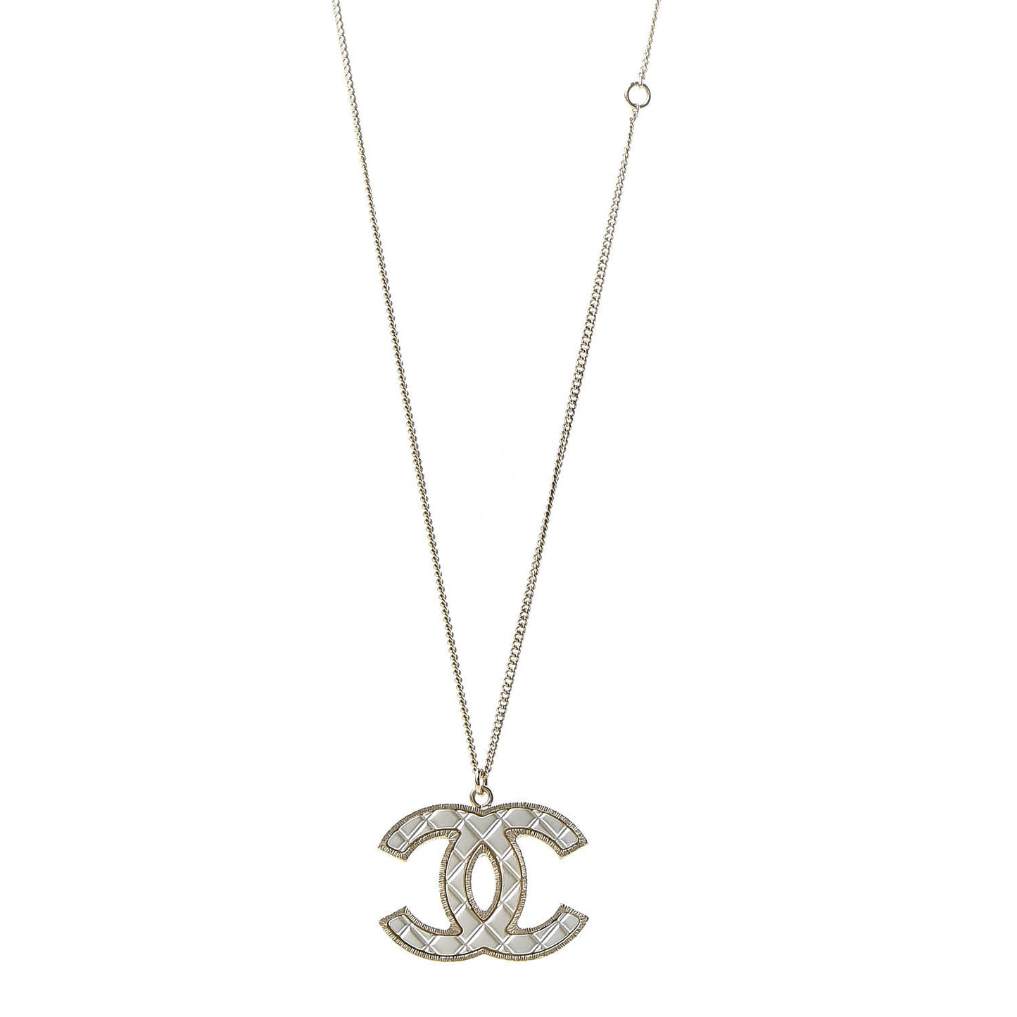 Metal Quilted CC Pendant Necklace Gold White