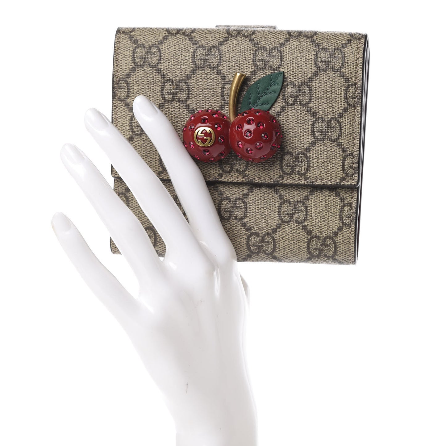 GG Supreme Monogram Cherry Embellished Card Case Wallet Hibiscus Red